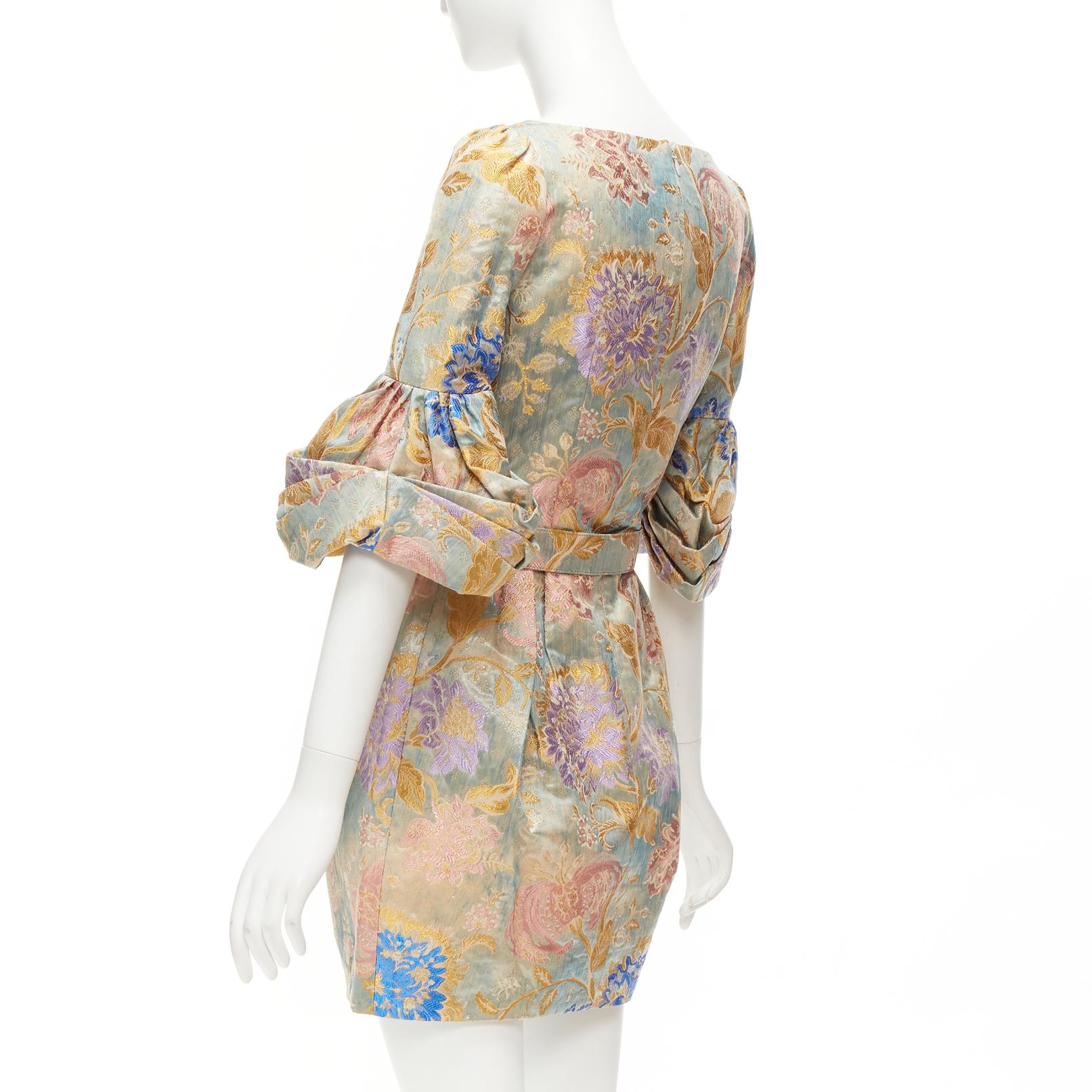 ANDREW GN pastels floral lurex jacquard ruched sleeve belted dress FR38 M For Sale 1