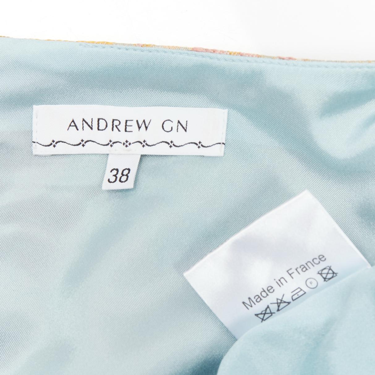 ANDREW GN pastels floral lurex jacquard ruched sleeve belted dress FR38 M For Sale 3