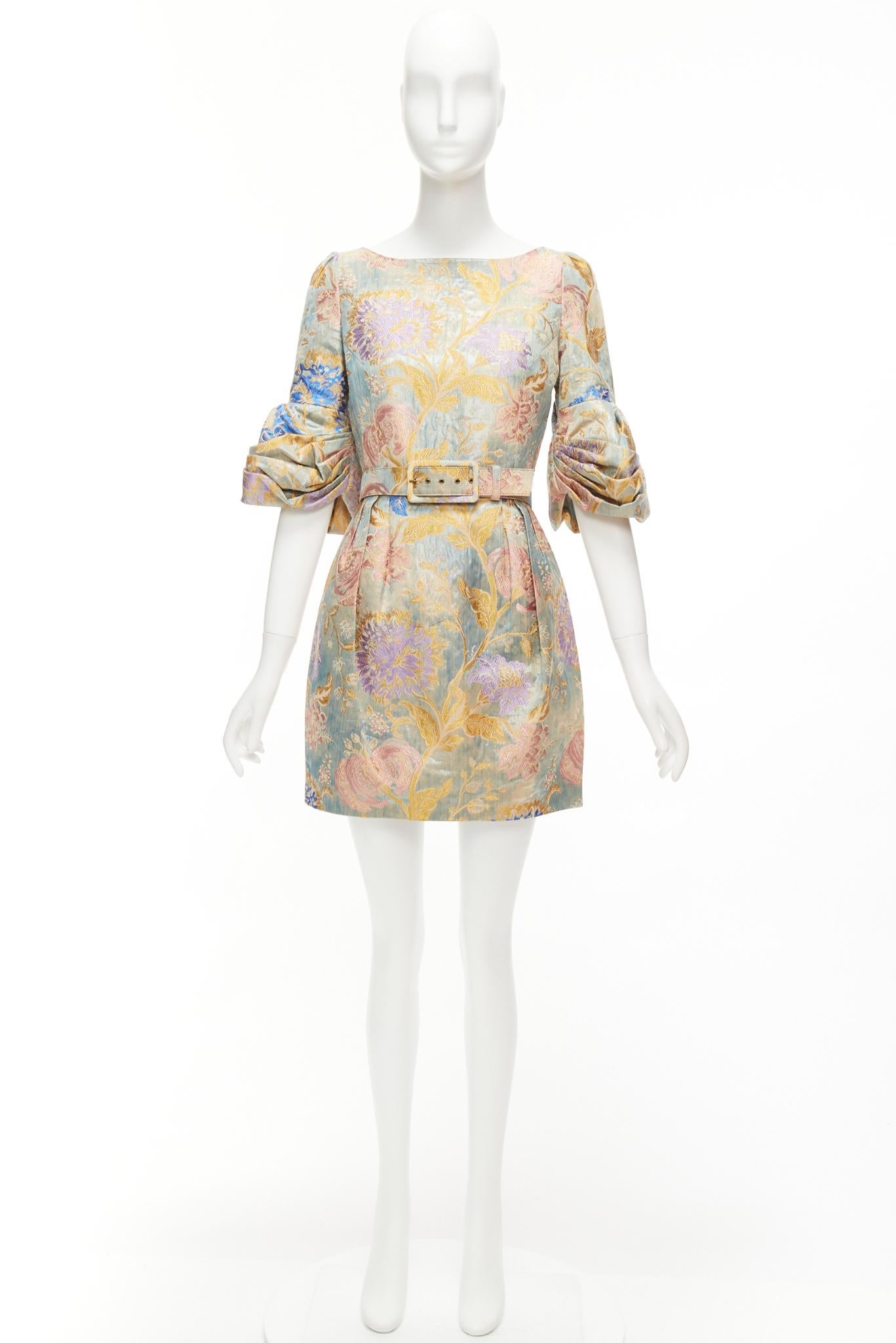 ANDREW GN pastels floral lurex jacquard ruched sleeve belted dress FR38 M For Sale 4