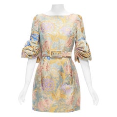 ANDREW GN pastels floral lurex jacquard ruched sleeve belted dress FR38 M