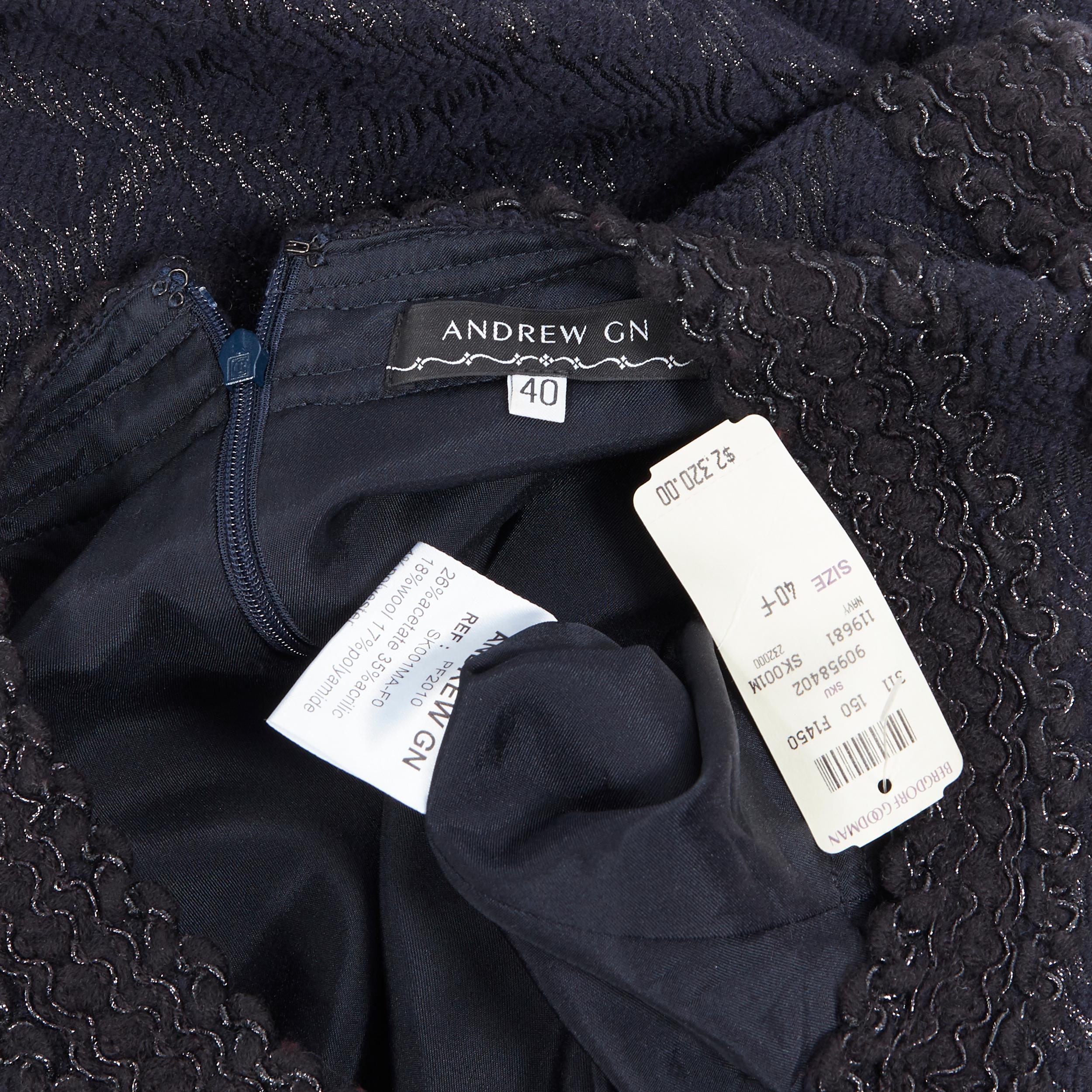 ANDREW GN PF2010 black jacquard wool scalloped tweed trim sheath dress FR40 5