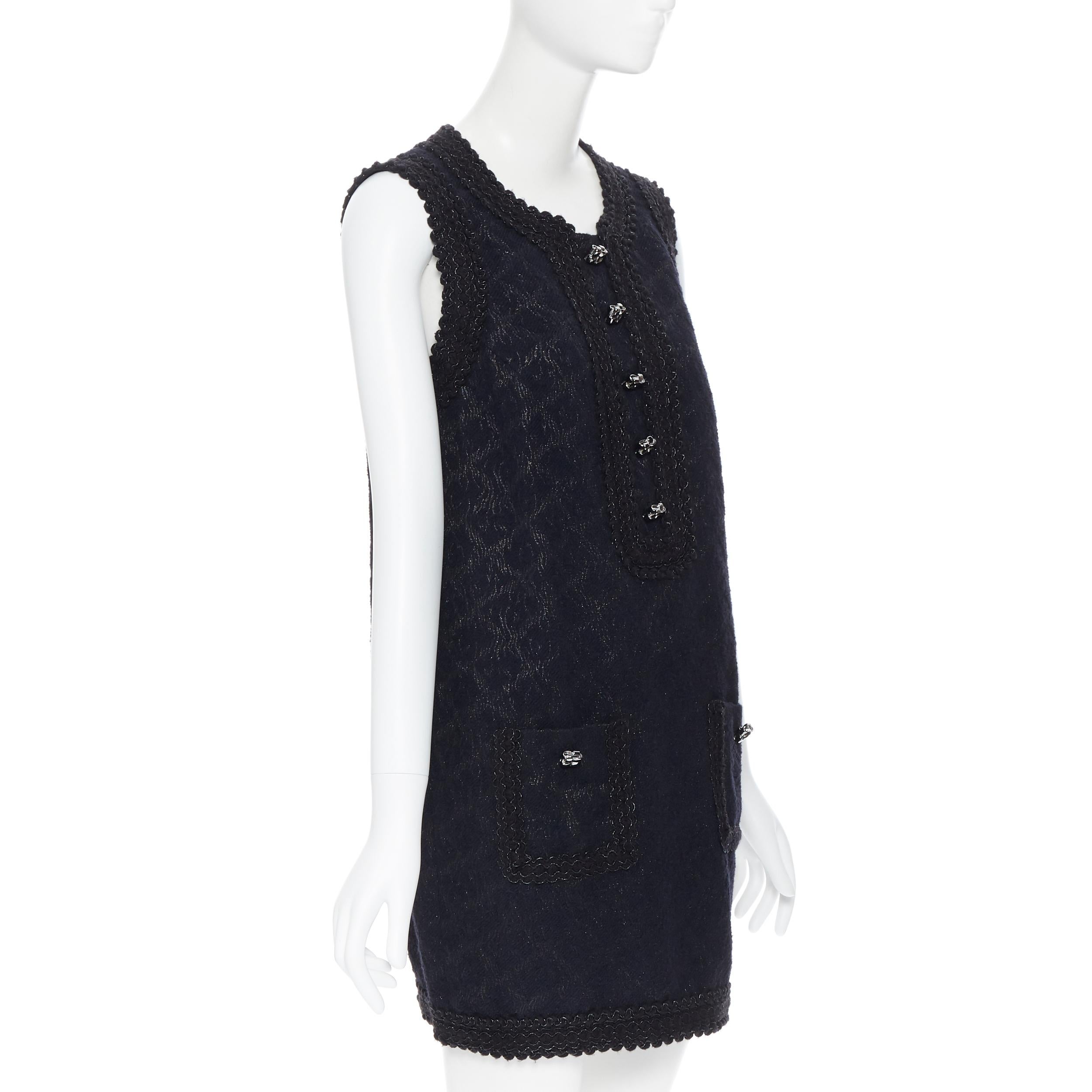 ANDREW GN PF2010 black jacquard wool scalloped tweed trim sheath dress FR40 In Excellent Condition In Hong Kong, NT