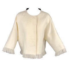 ANDREW GN S/S 18 Size 4 Cream Woven Linen Fringe Snap Button Jacket