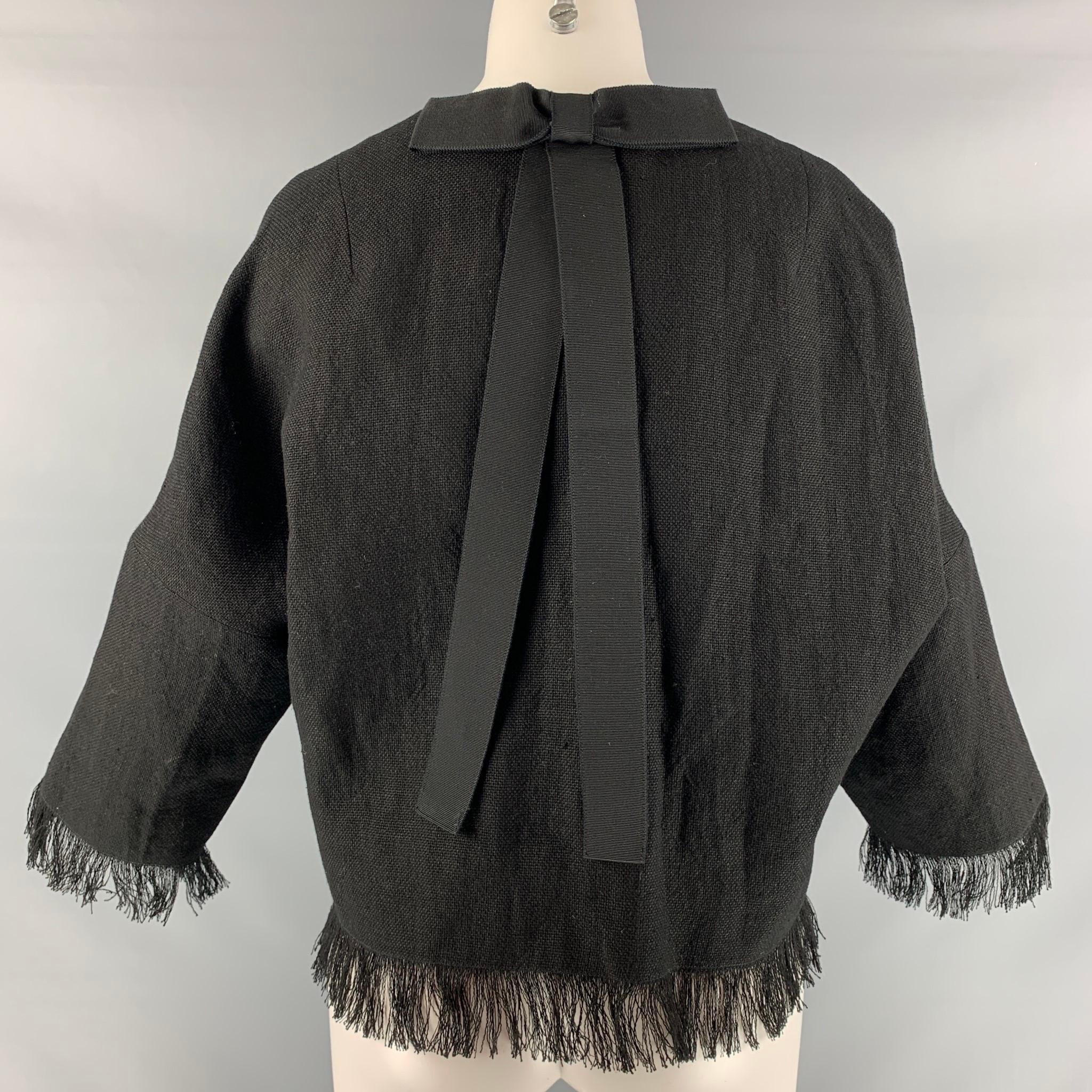 ANDREW GN Size 4 Black Linen Fringe Hidden Snaps Jacket In Excellent Condition In San Francisco, CA