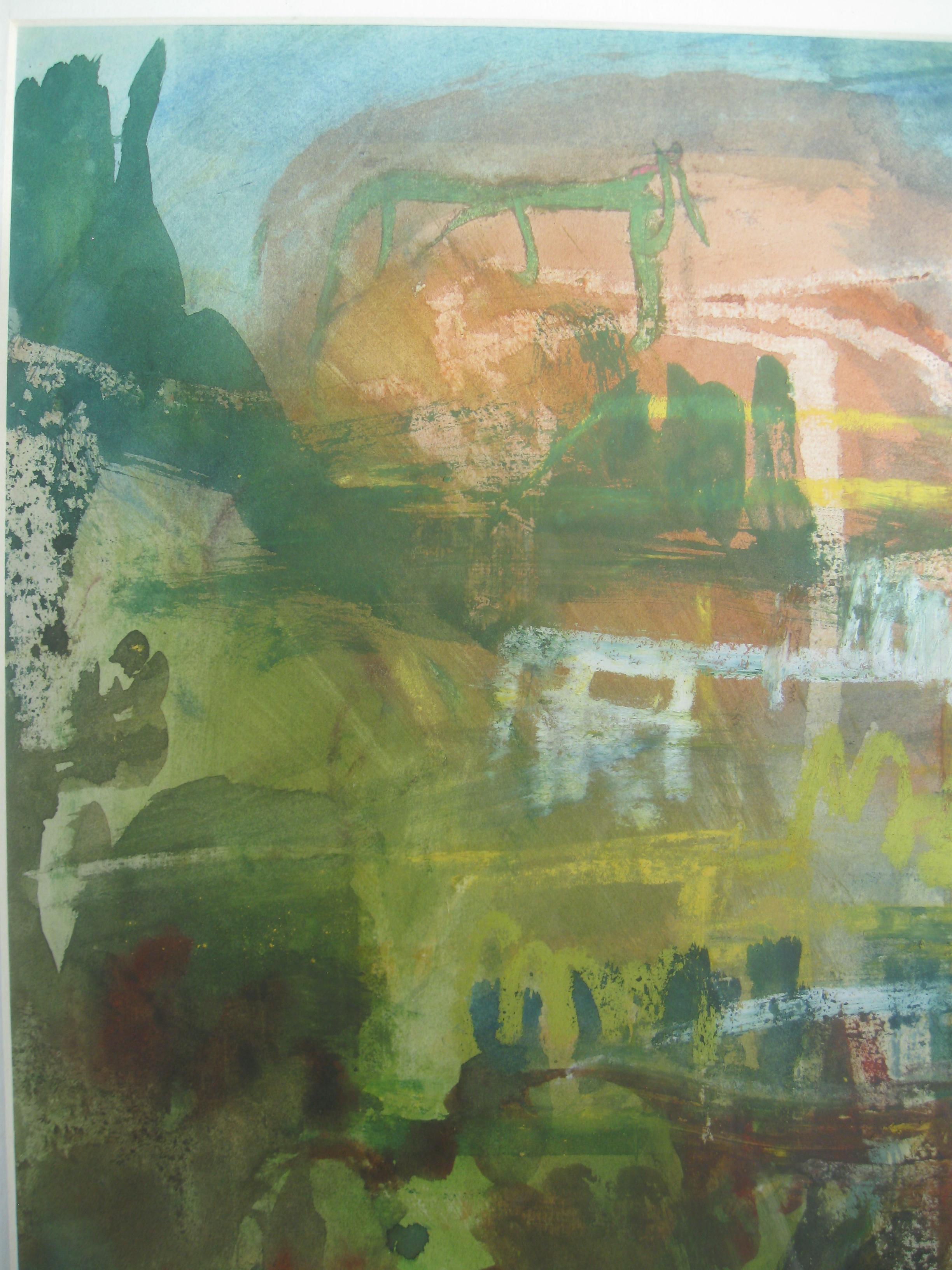 A fine piece from a series of paintings by Gradwell. This piece represents the sense of place throughout the Seasons. Light , time of day and weather. It's a very layered piece in mixed media . All marks are a changing patterns in time over a three