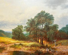 Traditional English Oil Painting Rural Workers by Lake in Landscape
