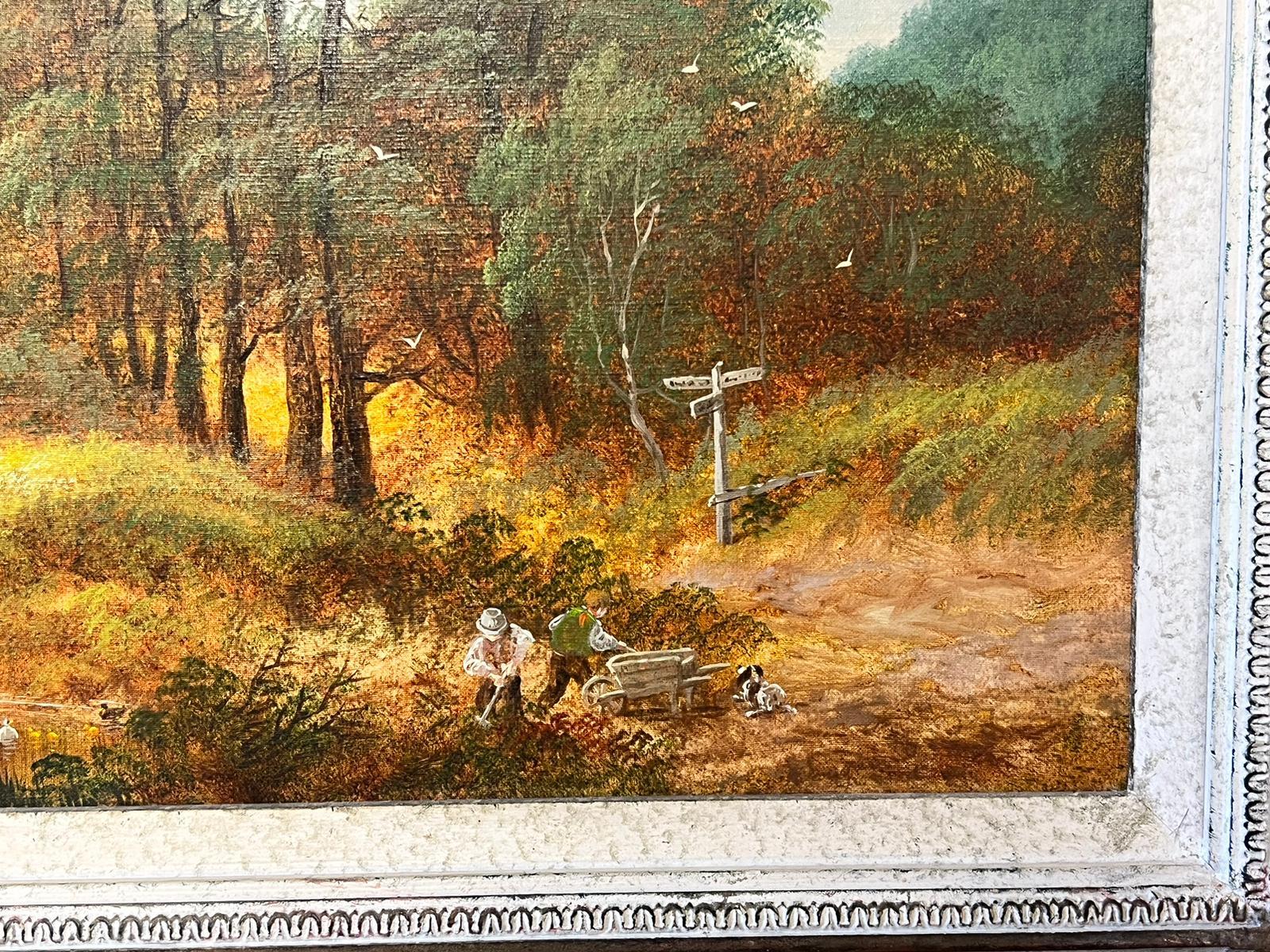 Pittura ad olio tradizionale inglese Lavoratori rurali vicino al lago in un paesaggio in vendita 1