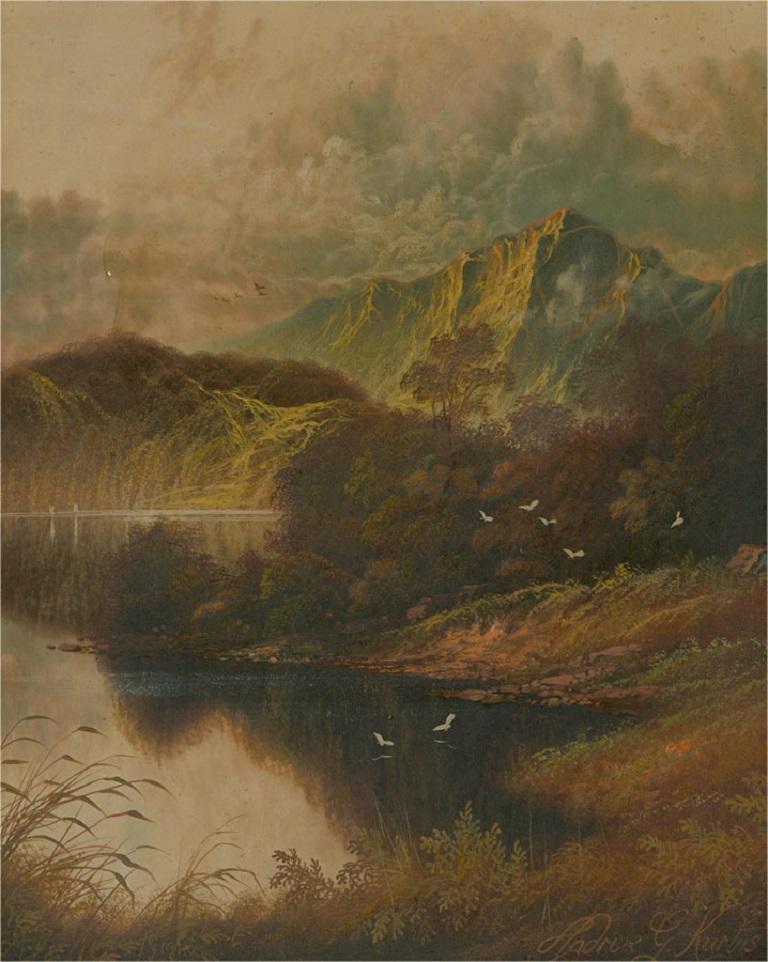 A beautiful mountainous landscape showing a serene lake in the foothills of a mountain range. The perfectly still water reflects birds flying low over its surface and the Autumnal forest around. The painting has a sunset glow and the artist has