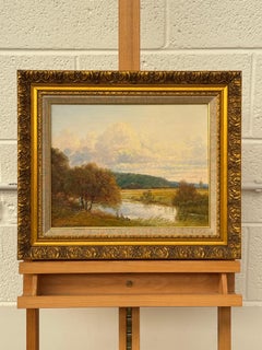 Autumn River Scene of Children Fishing & a Distant Windmill, Oil on Canvas, 1980