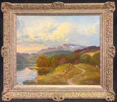 Golden Sunset Over Mountain Landscape with Serene Lake Fine British Oil Painting