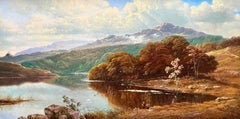 Vintage Huge Traditional British Oil Painting Fishing in the Highlands Autumnal Loch 