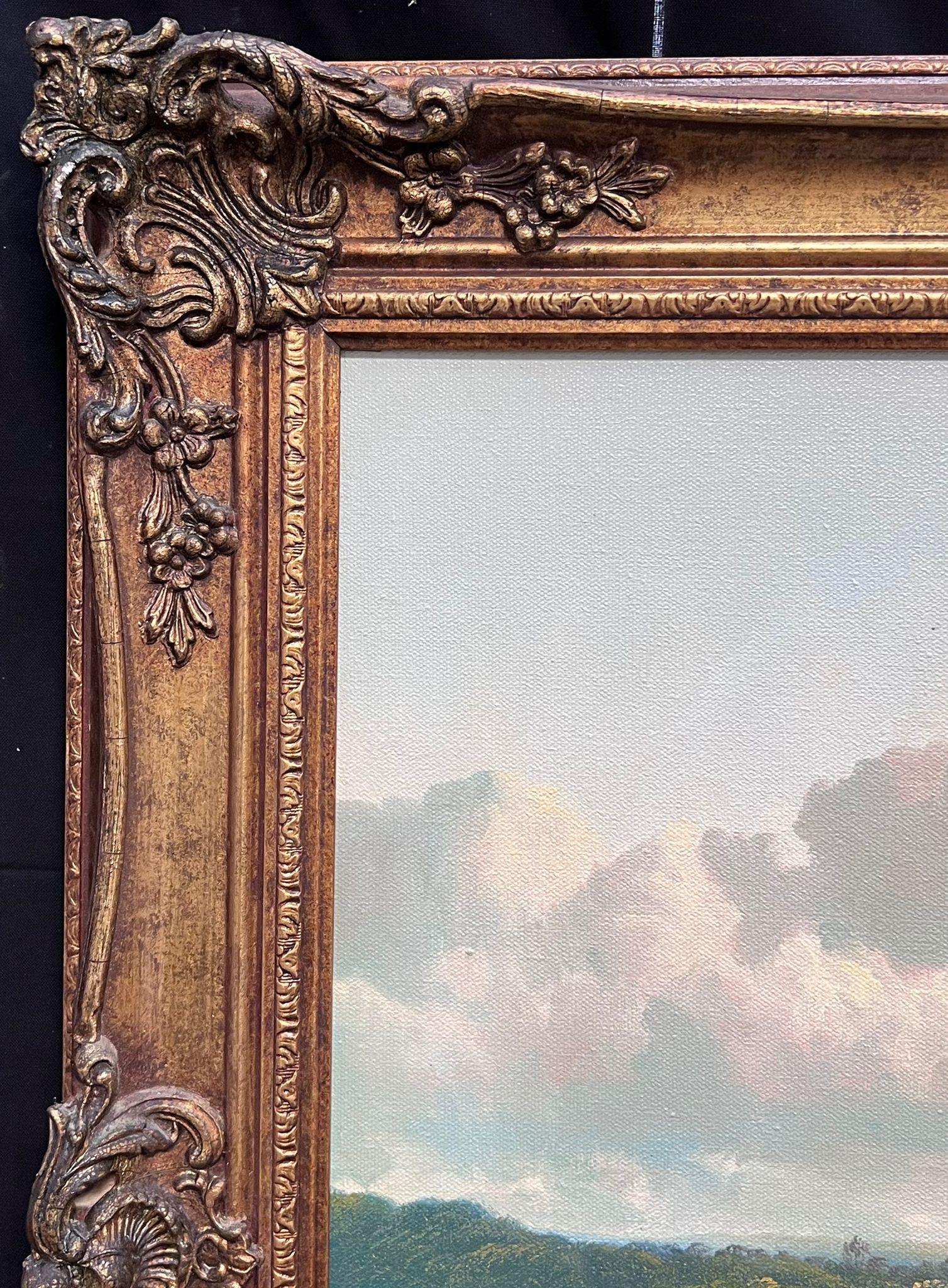 Grande peinture à l'huile traditionnelle anglaise de paysage de bois encadrée en vente 7