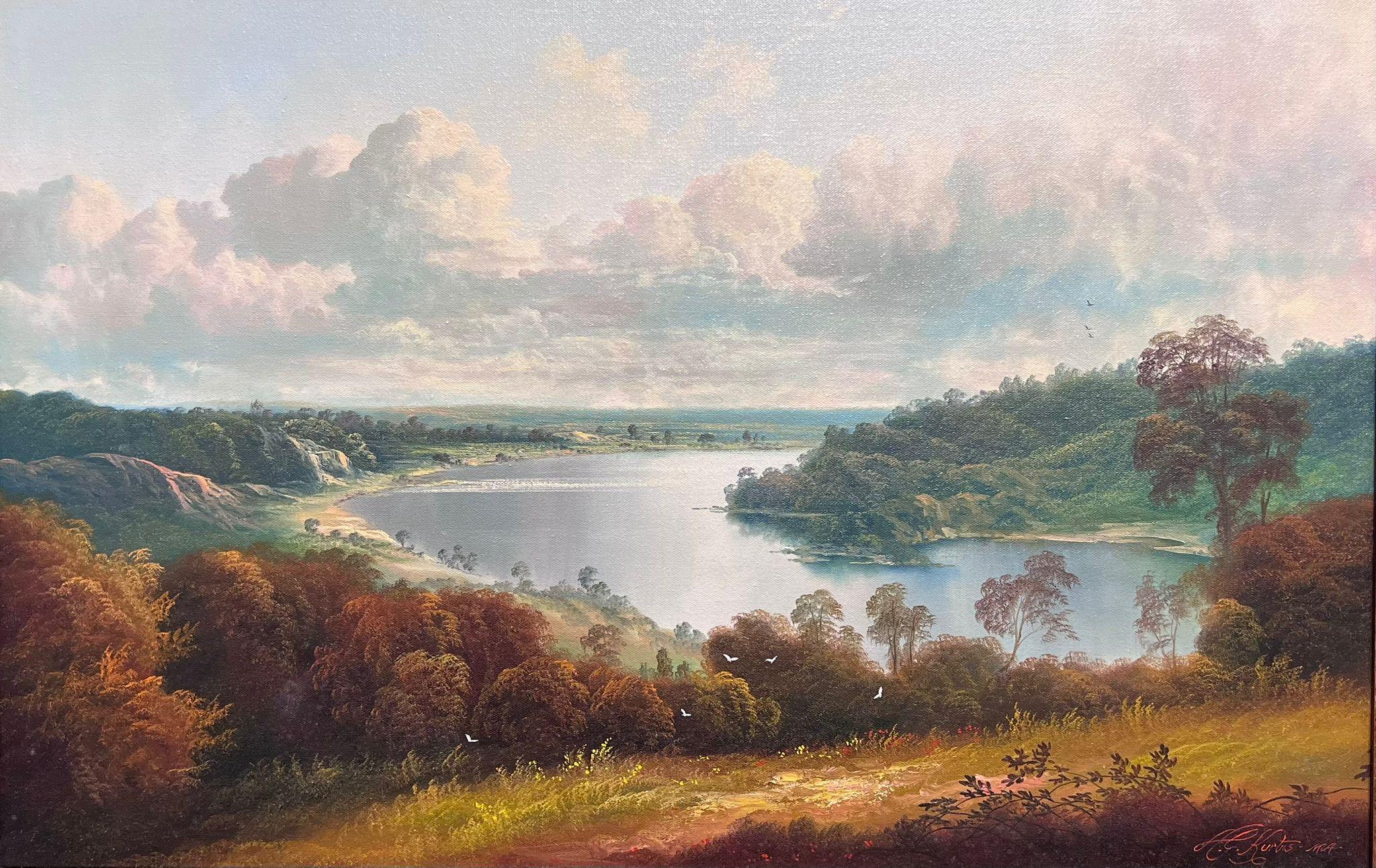 Grande peinture à l'huile traditionnelle anglaise de paysage de bois encadrée - Painting de Andrew Grant Kurtis