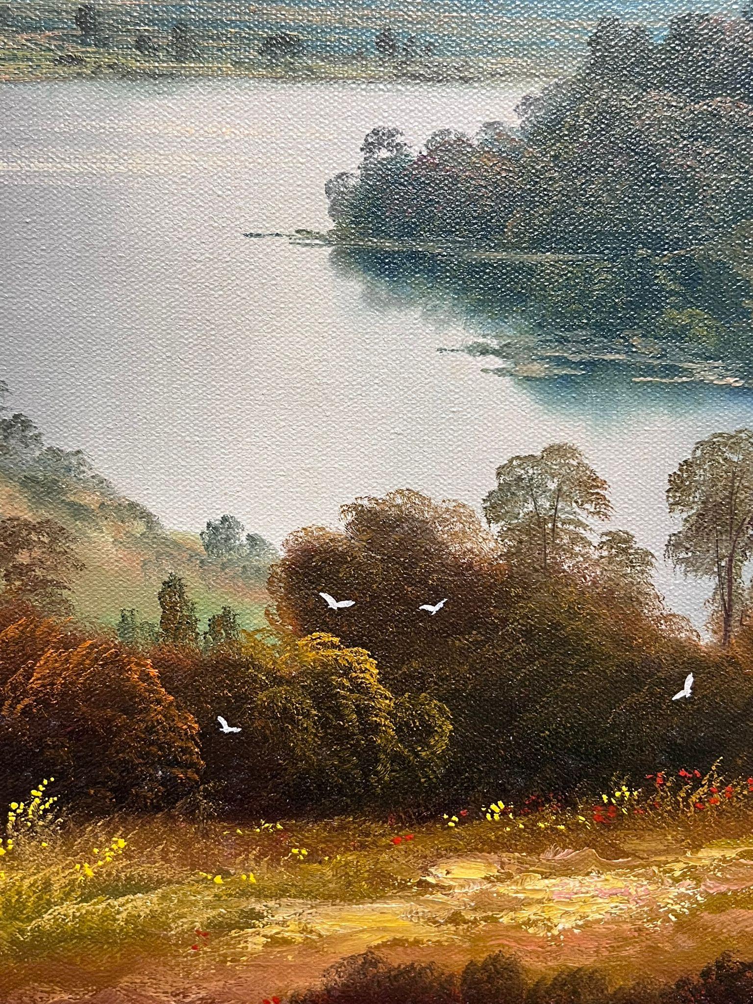 Grande peinture à l'huile traditionnelle anglaise de paysage de bois encadrée en vente 1
