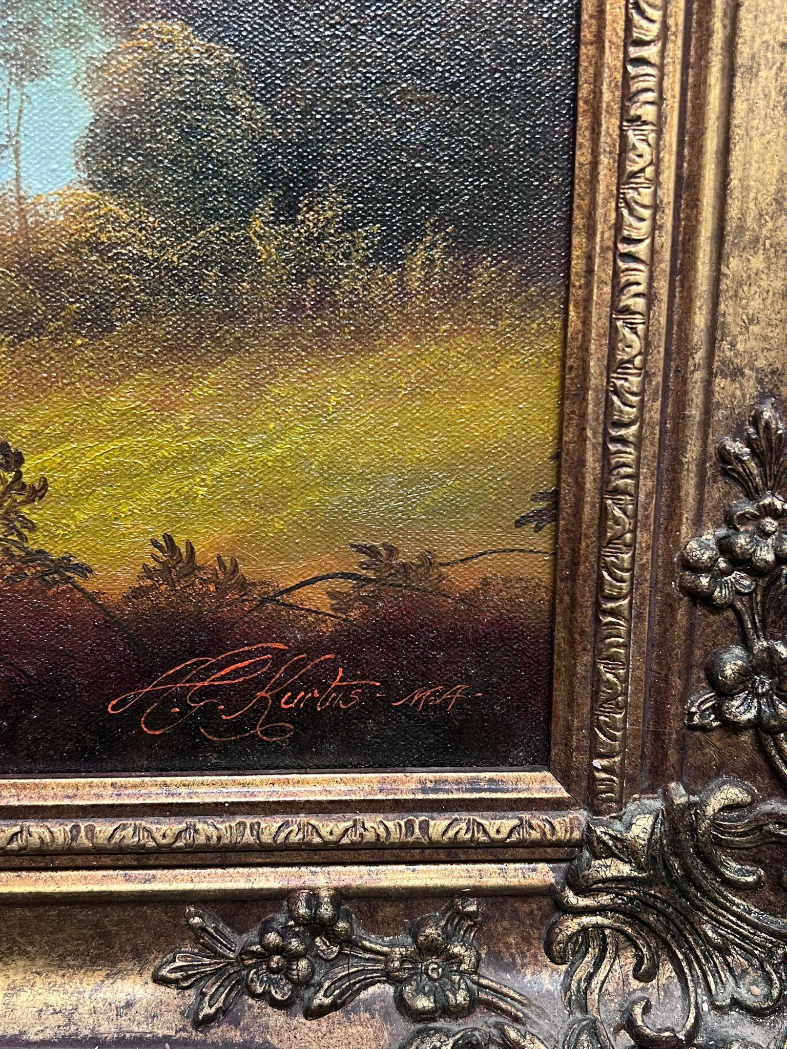 Grande peinture à l'huile traditionnelle anglaise de paysage de bois encadrée en vente 3