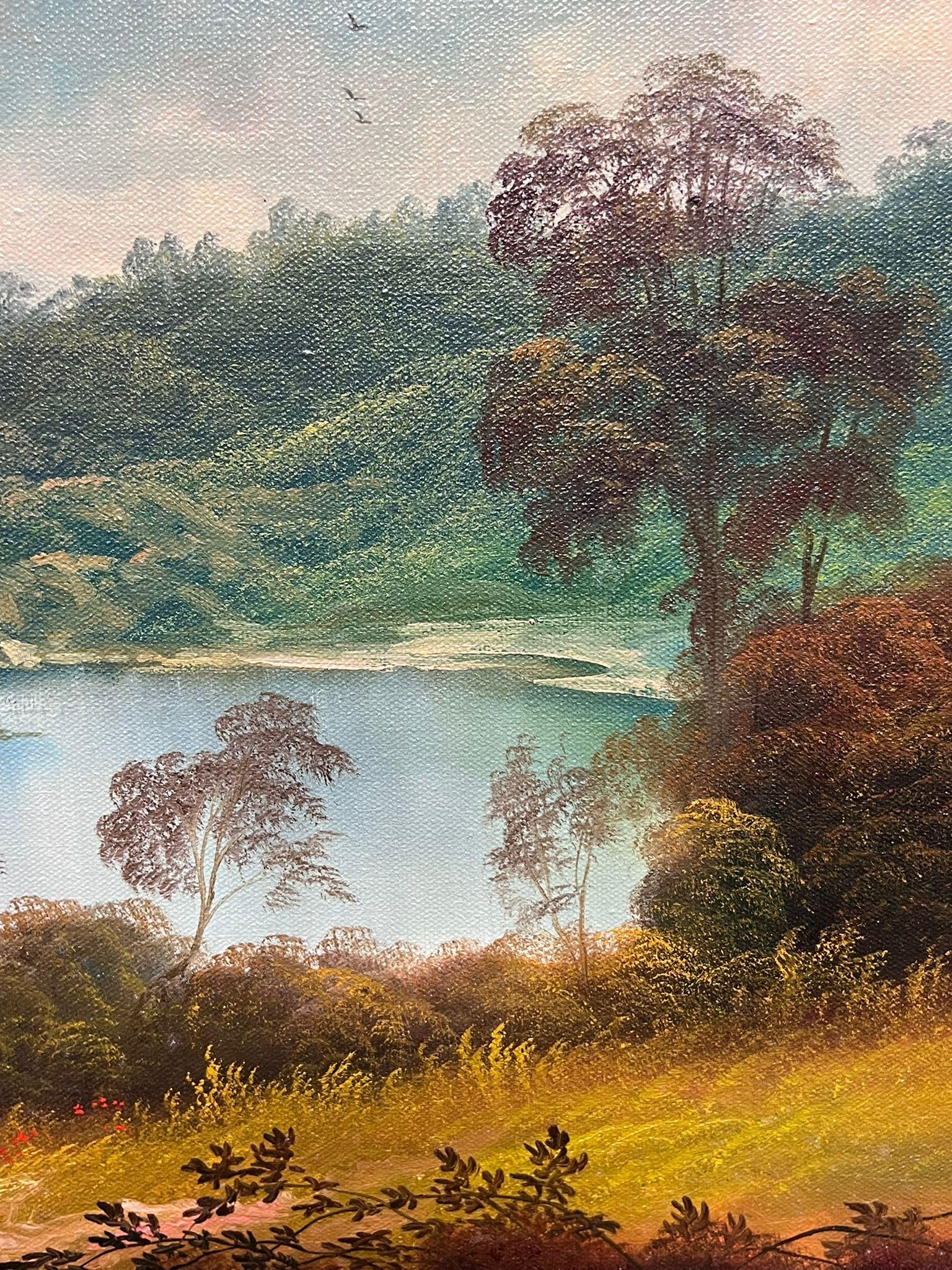 Grande peinture à l'huile traditionnelle anglaise de paysage de bois encadrée en vente 4