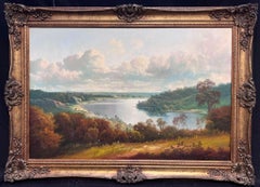 Grande peinture à l'huile traditionnelle anglaise de paysage de bois encadrée