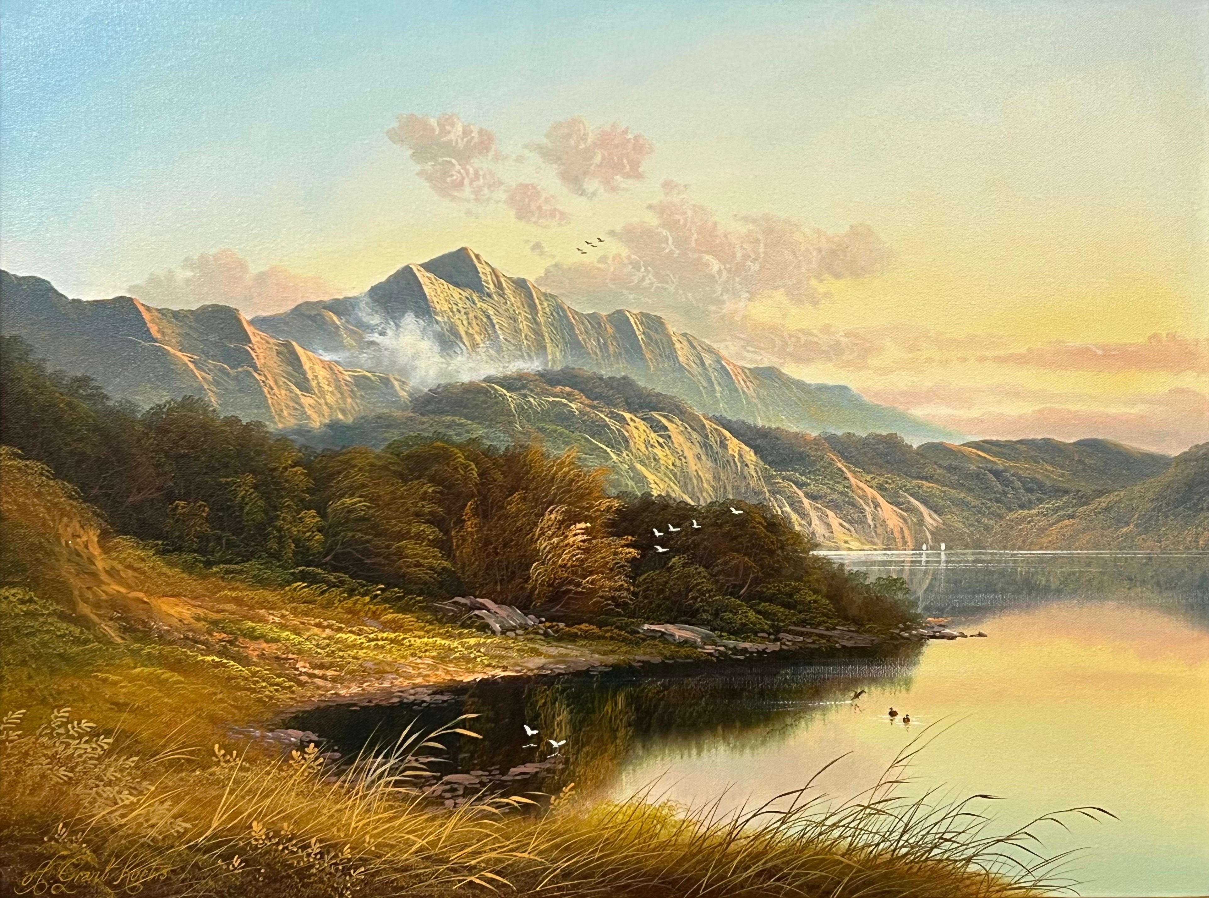 Mountain Lake Oil Painting of a Loch in the Scottish Highlands by British Artist For Sale 11