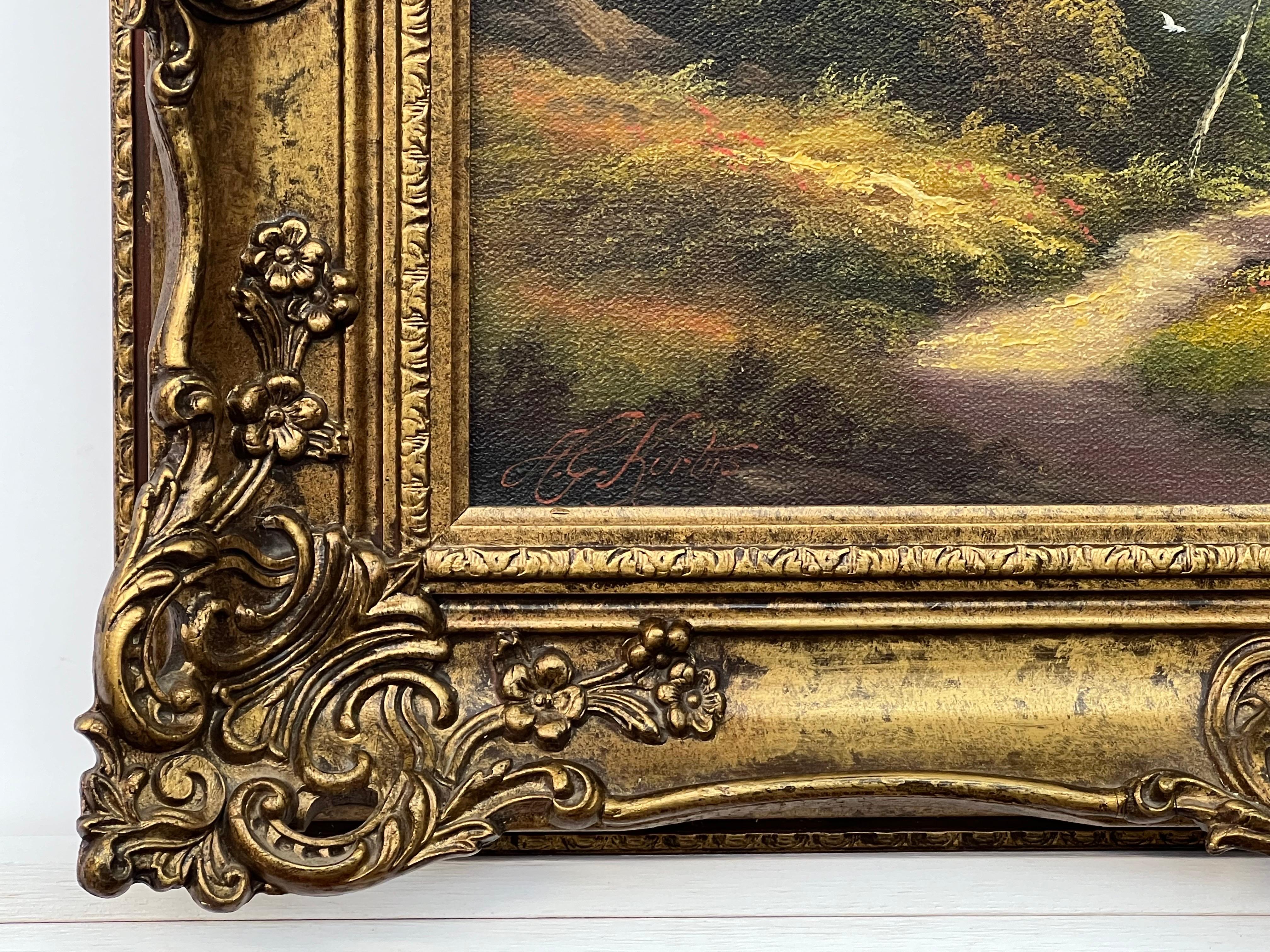 Lago de montaña Pintura al óleo de un lago en las tierras altas escocesas por un artista británico - Painting de Andrew Grant Kurtis