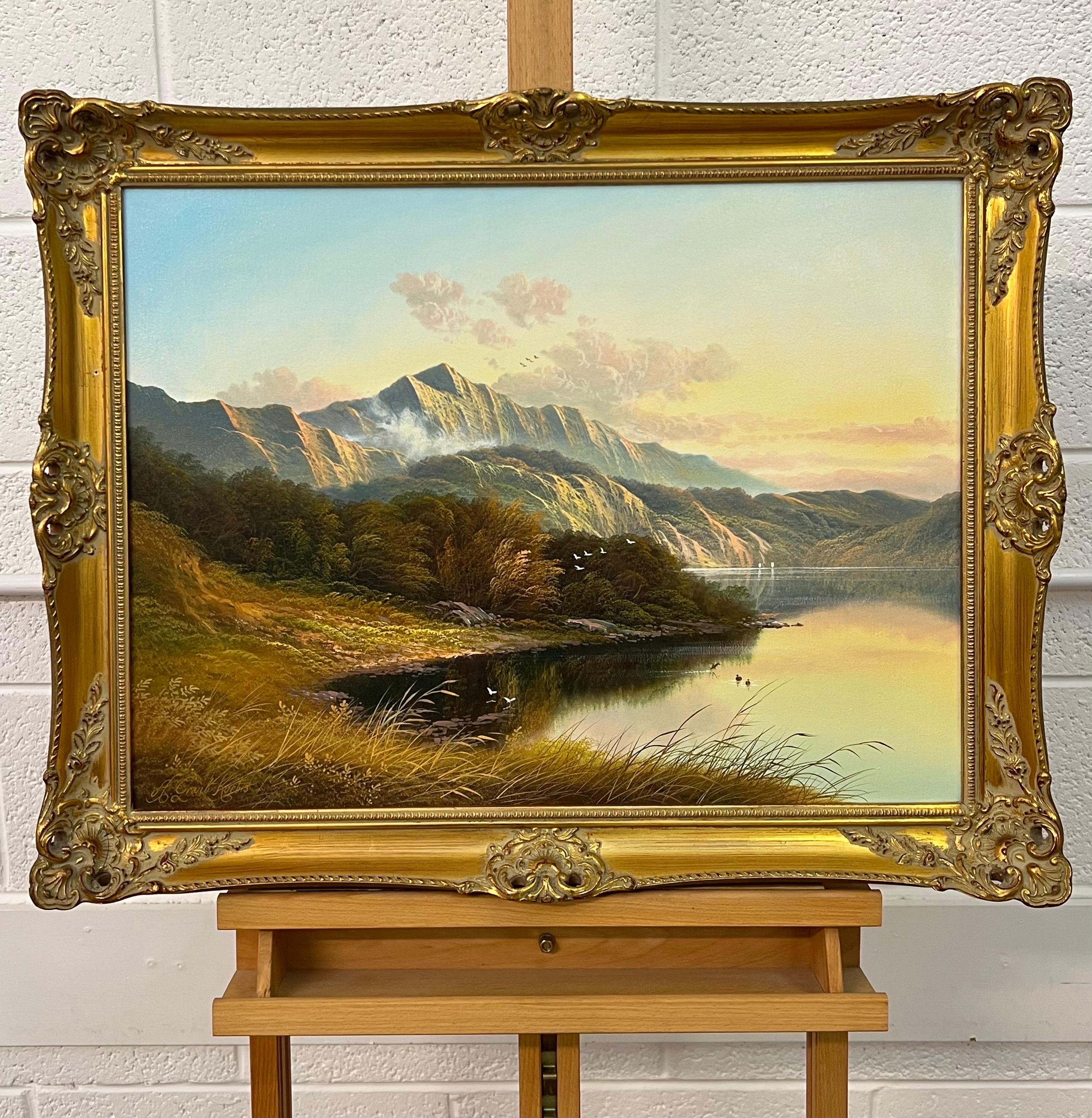 Mountain Lake Oil Painting of a Loch in the Scottish Highlands by British Artist For Sale 1