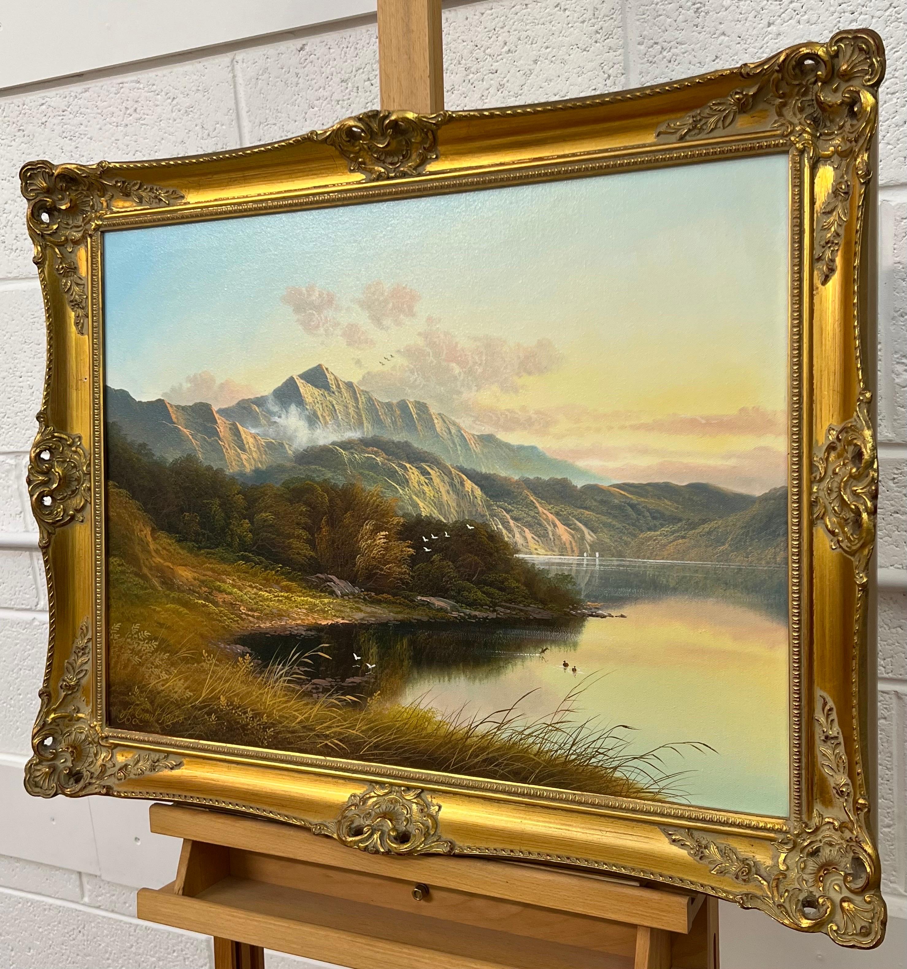Mountain Lake Oil Painting of a Loch in the Scottish Highlands by British Artist For Sale 2