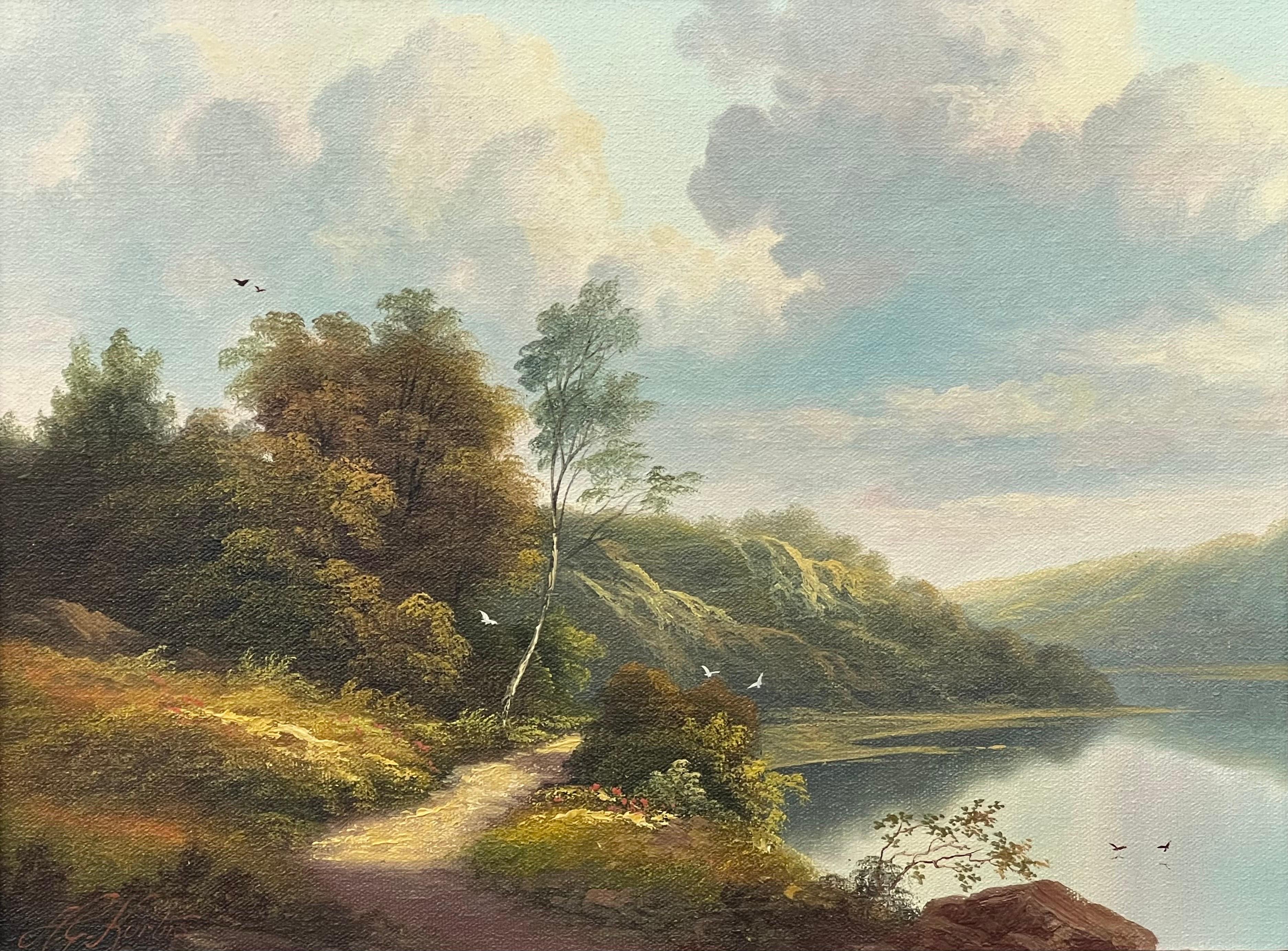 Lago de montaña Pintura al óleo de un lago en las tierras altas escocesas por un artista británico en venta 3