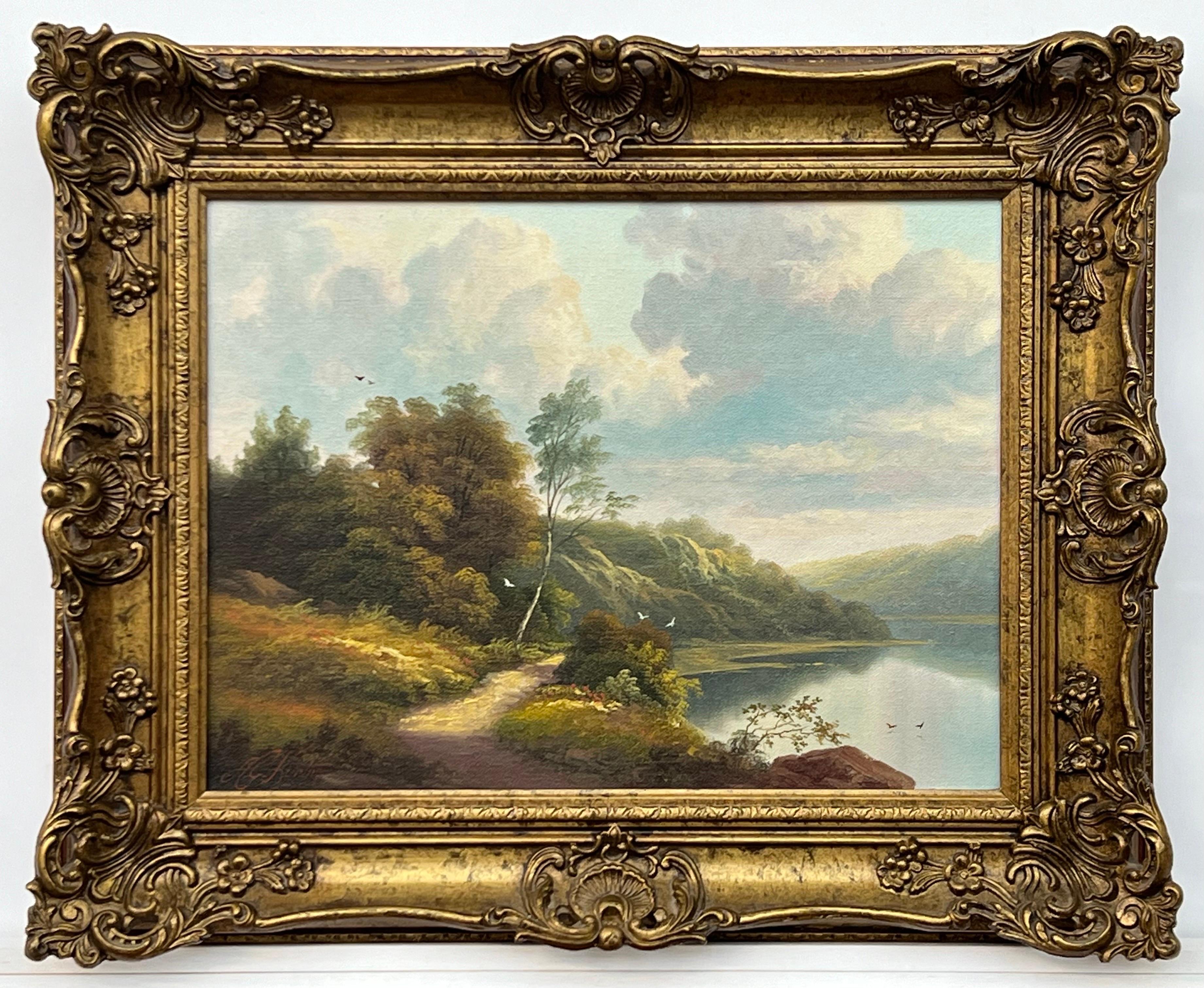 Lago de montaña Pintura al óleo de un lago en las tierras altas escocesas por un artista británico en venta 9