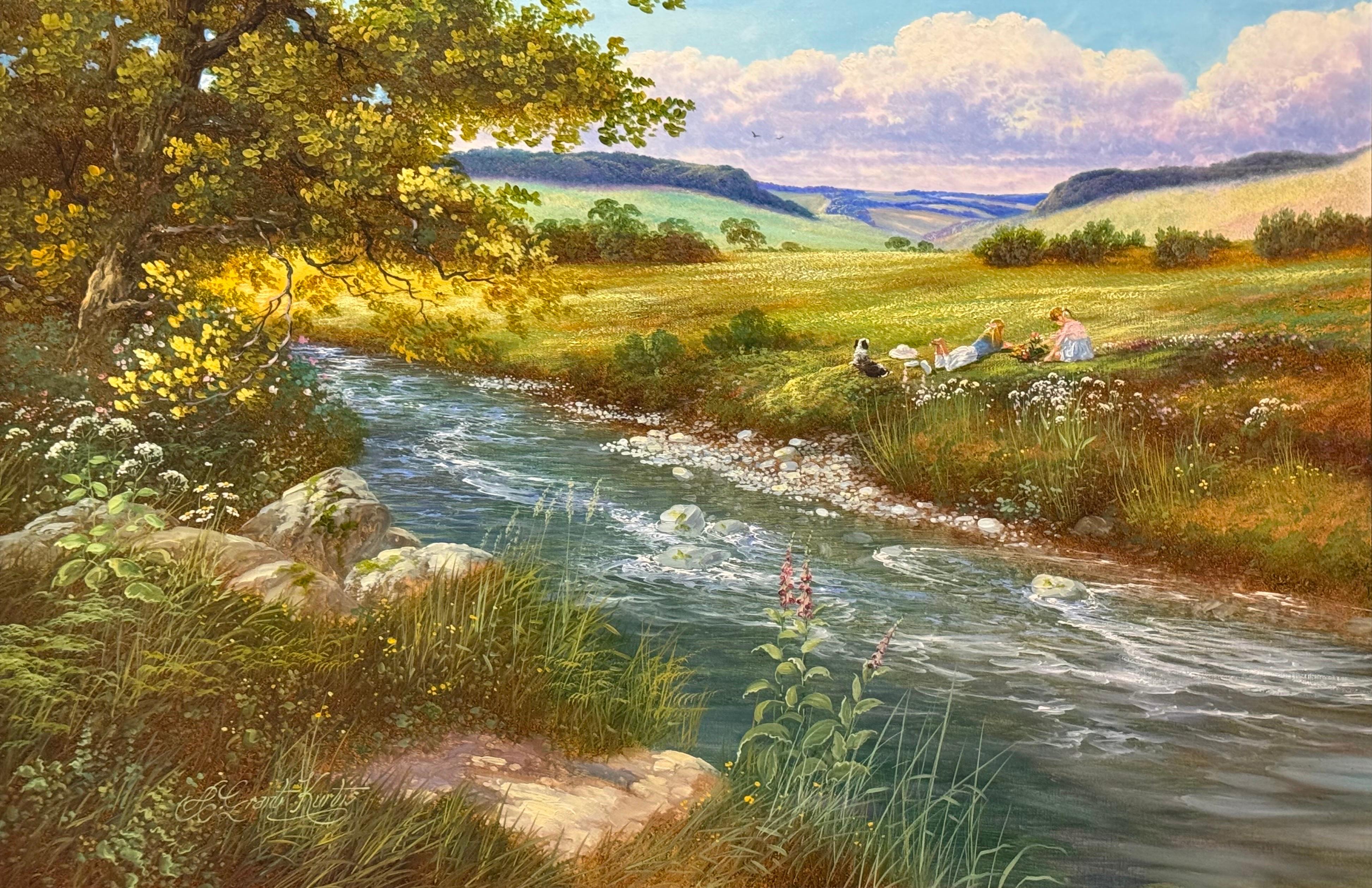 Flussauenlandschaft mit Kindern & Hund bei einem Picknick auf dem englischen Land im Angebot 2