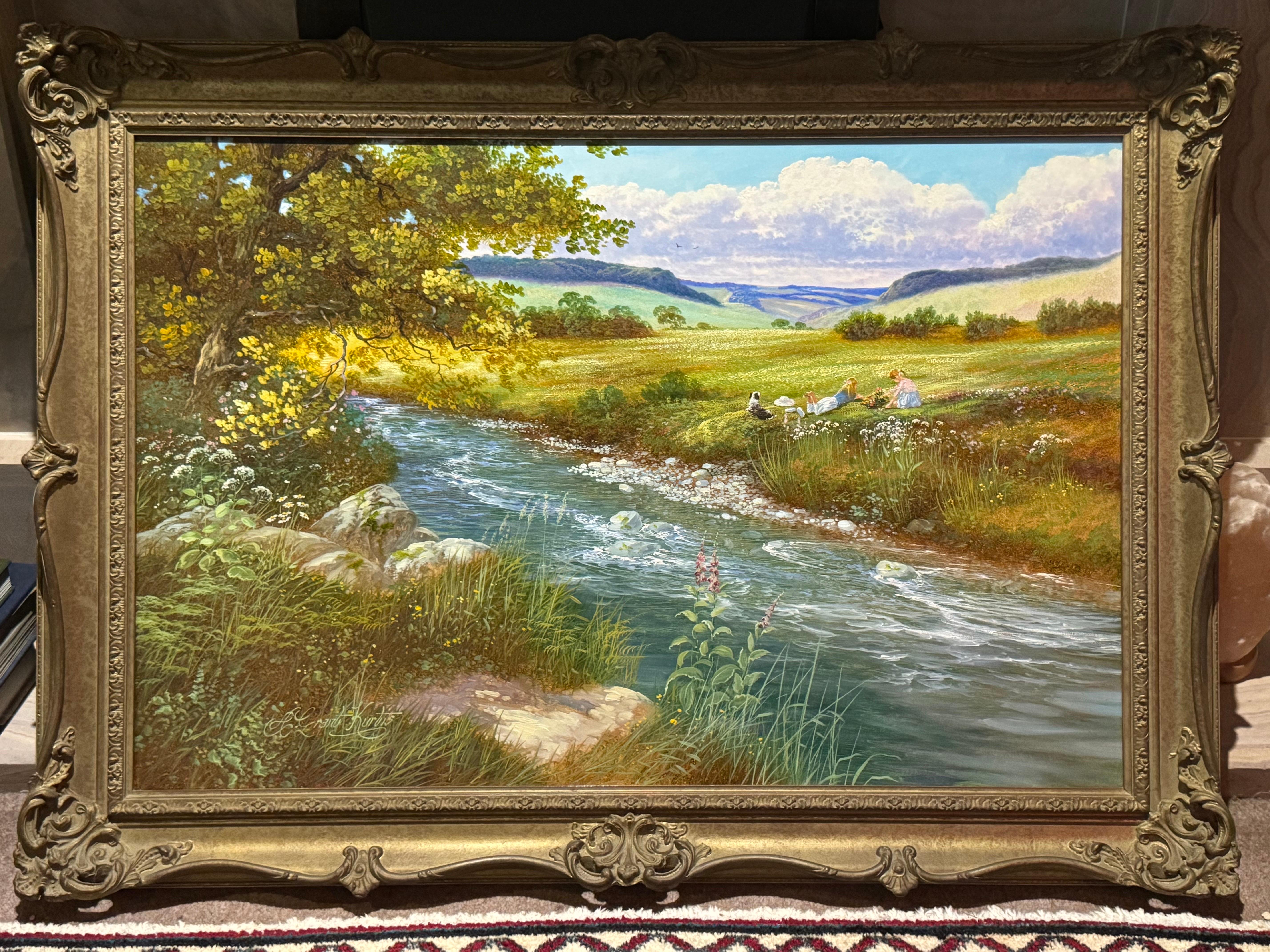 Flussauenlandschaft mit Kindern & Hund bei einem Picknick auf dem englischen Land im Angebot 5