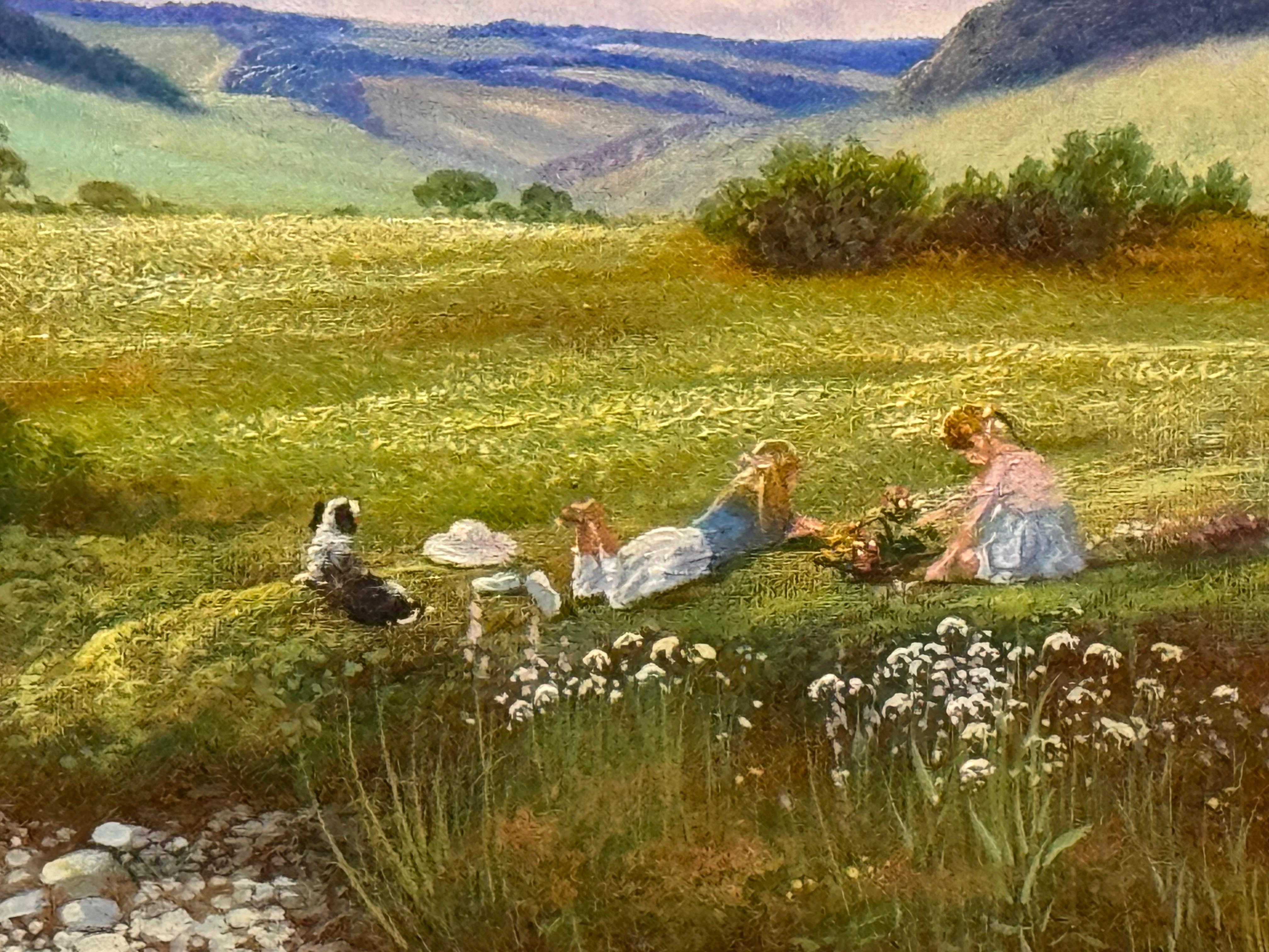 Flussauenlandschaft mit Kindern & Hund bei einem Picknick auf dem englischen Land im Angebot 6