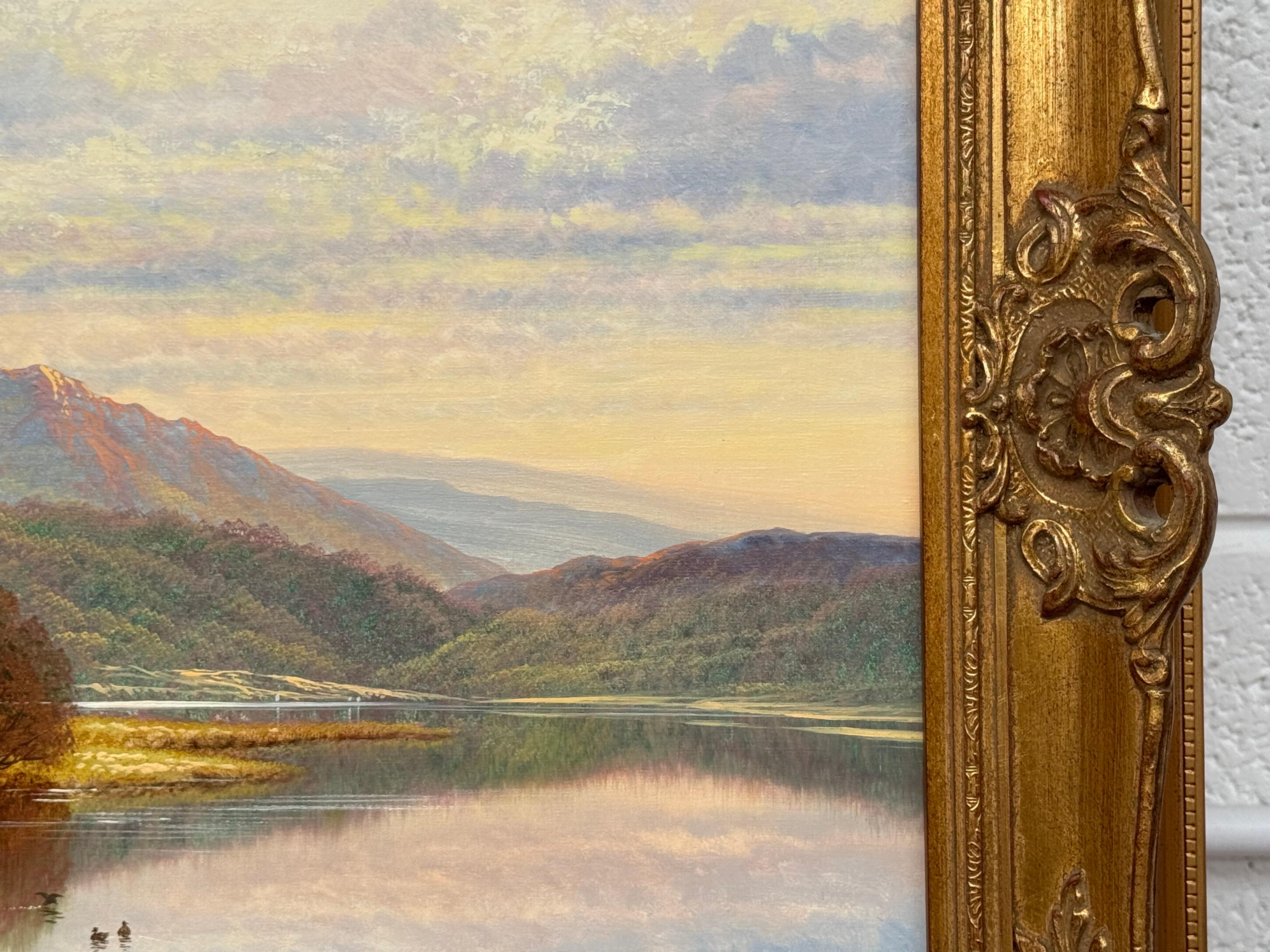 Scottish Highlands Landscape Scene with Children & Dog Fishing by Mountain Lake For Sale 5