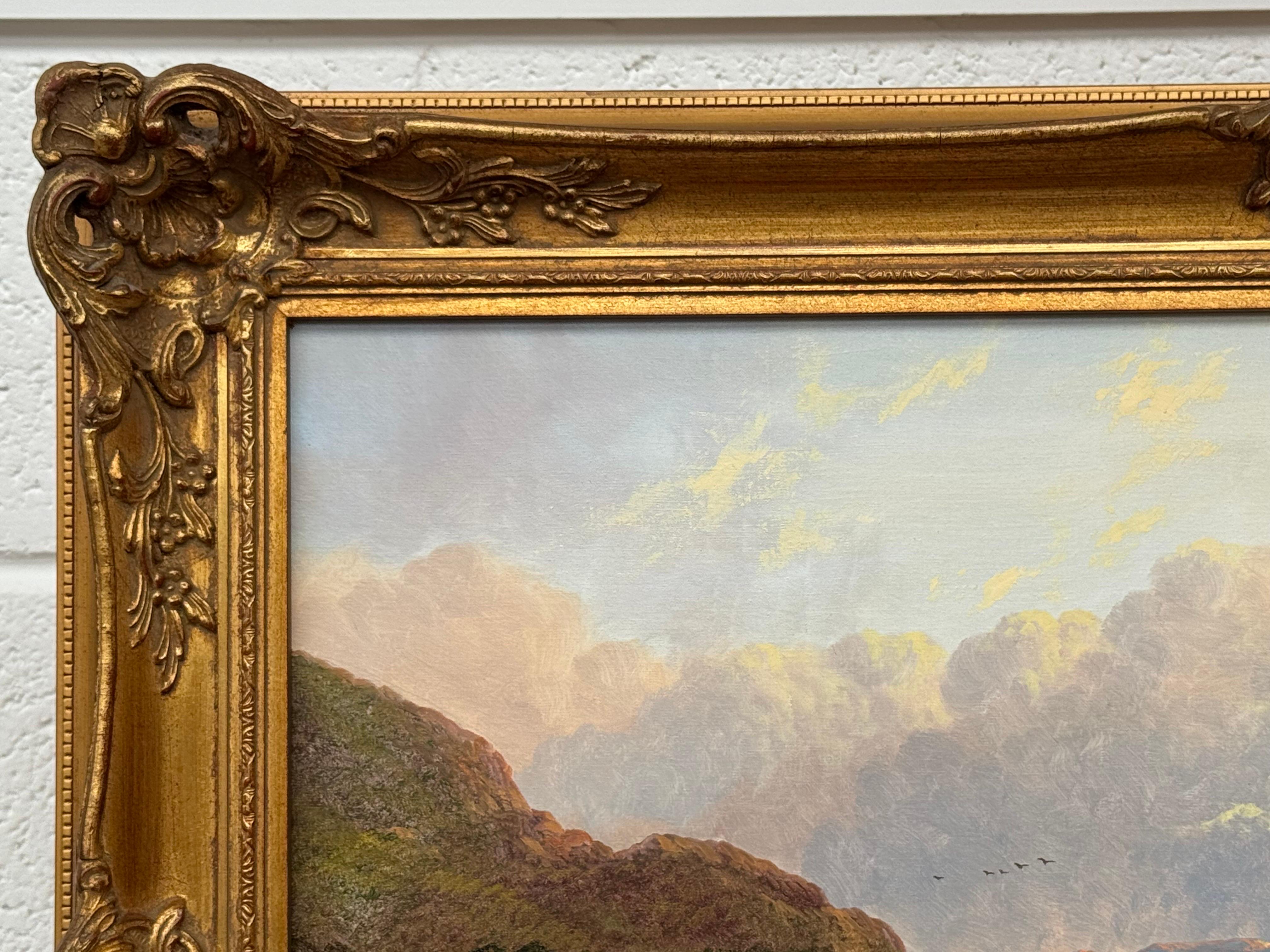 Scottish Highlands Landscape Scene with Children & Dog Fishing by Mountain Lake For Sale 6