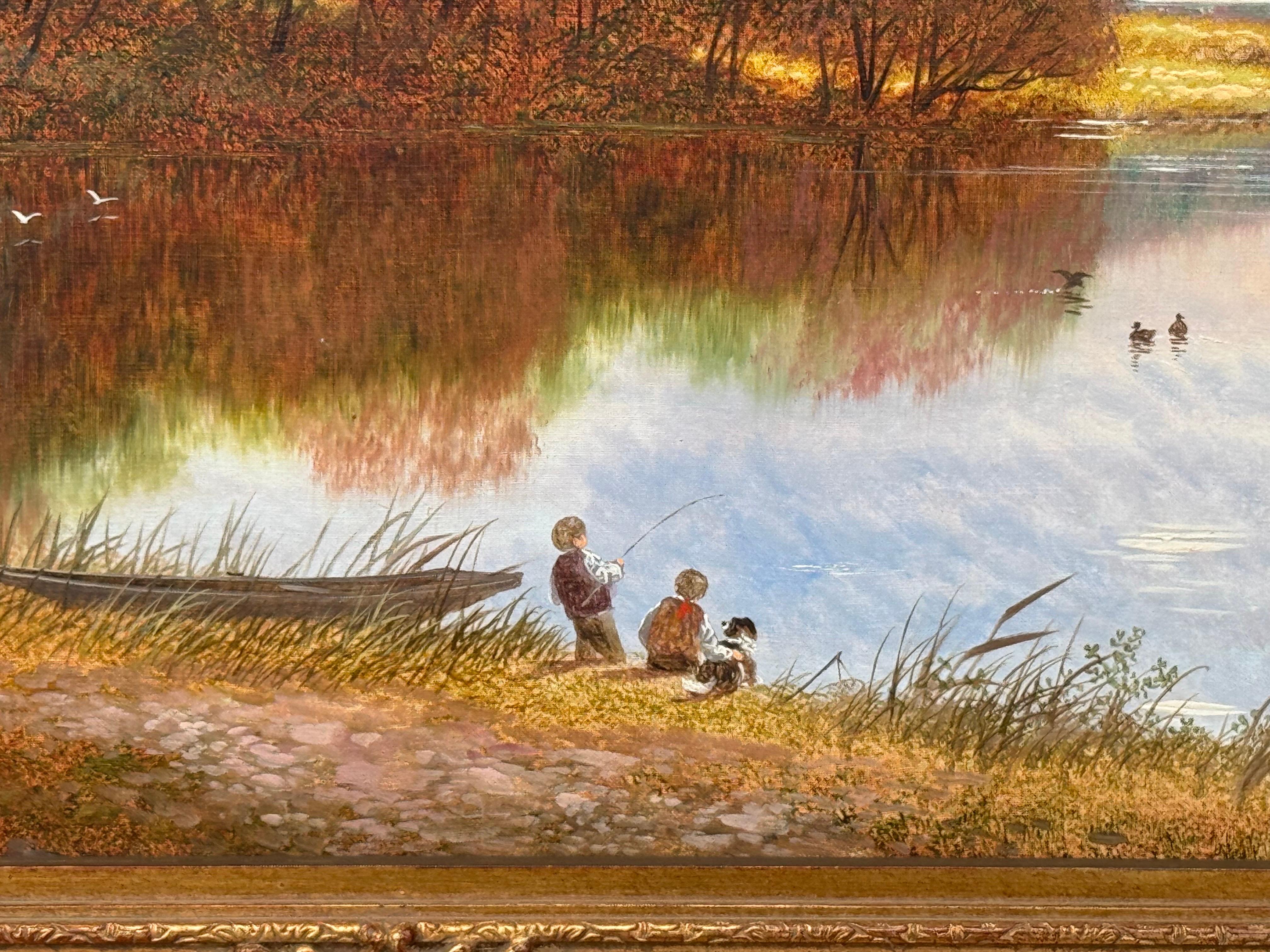 Scottish Highlands Landscape Scene with Children & Dog Fishing by Mountain Lake For Sale 9
