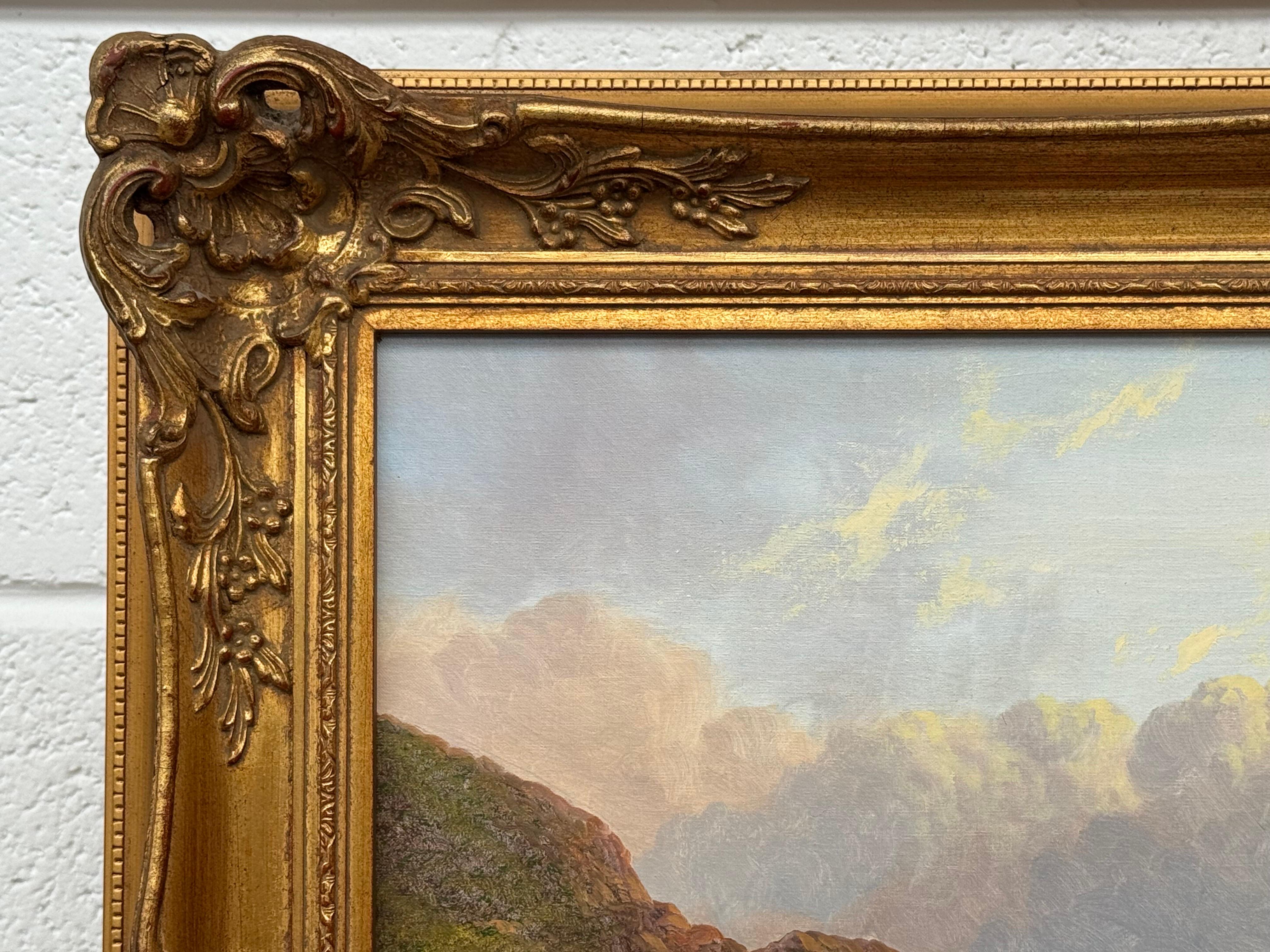 Scottish Highlands Landscape Scene with Children & Dog Fishing by Mountain Lake For Sale 10