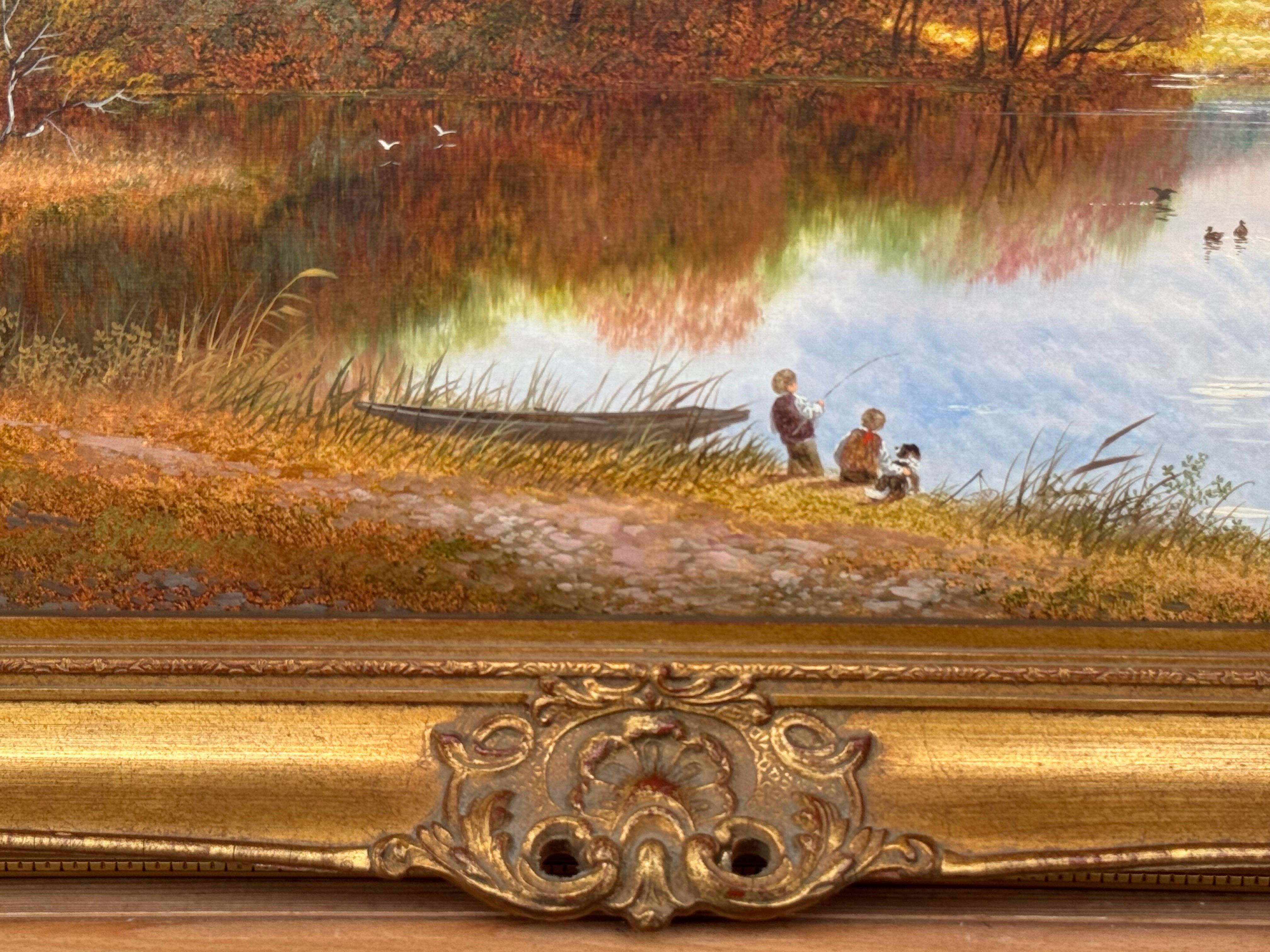 Scottish Highlands Landscape Scene with Children & Dog Fishing by Mountain Lake For Sale 11