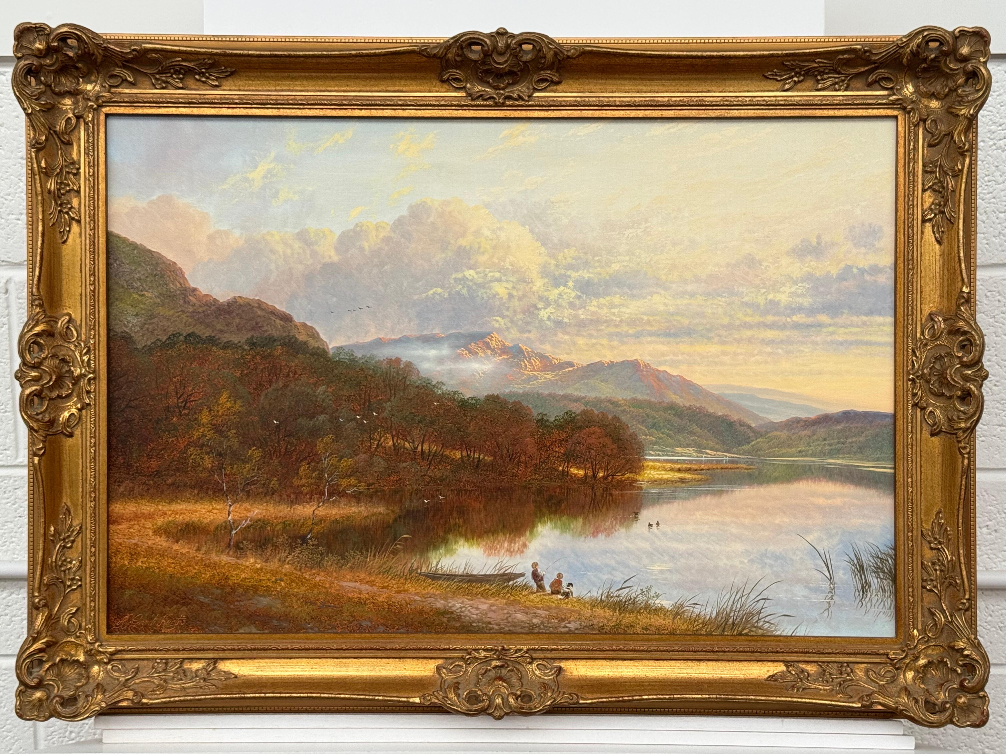 Scottish Highlands Landscape Scene with Children & Dog Fishing by Mountain Lake For Sale 14