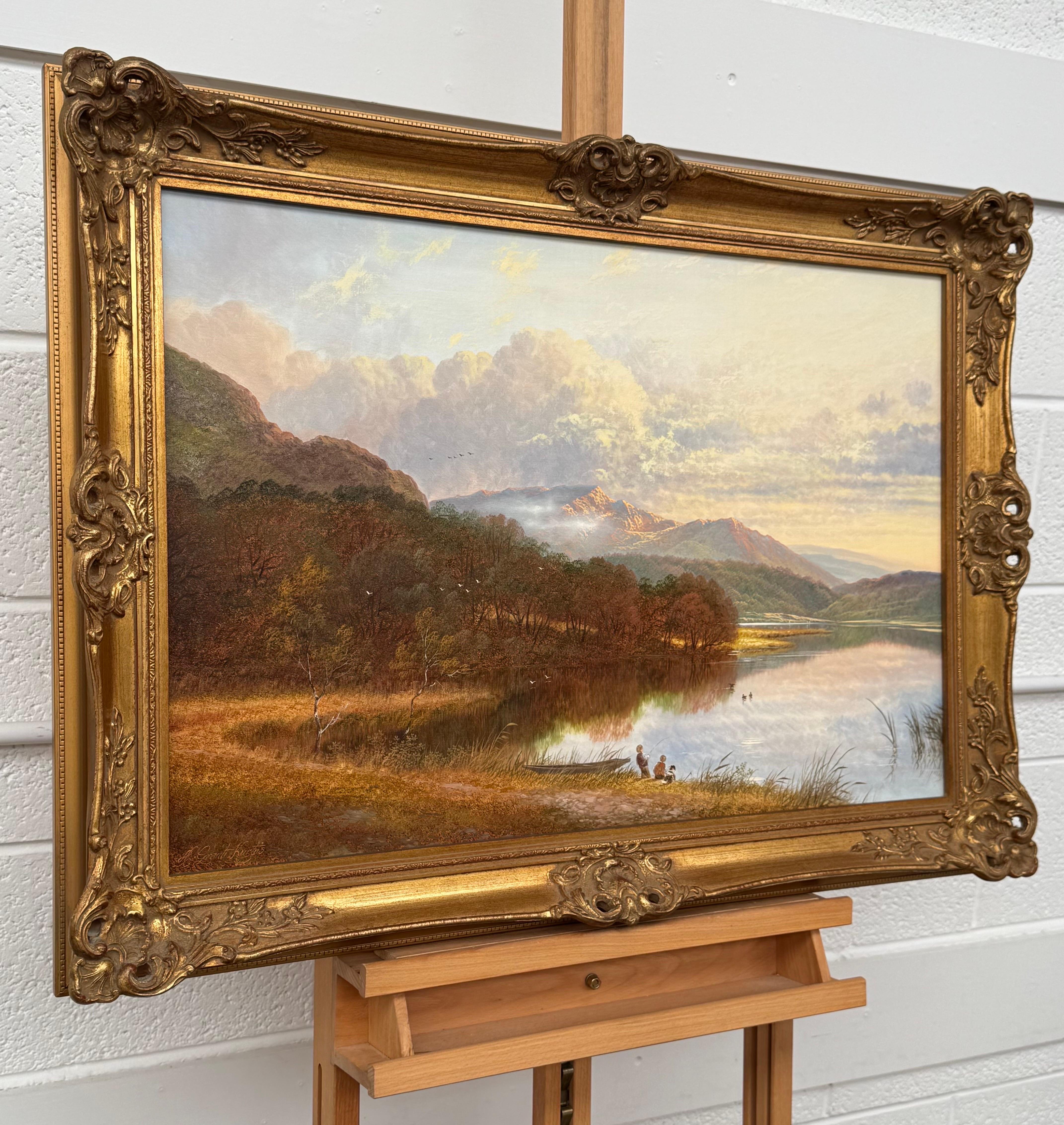 Scottish Highlands Landscape Scene with Children & Dog Fishing by Mountain Lake - Painting by Andrew Grant Kurtis