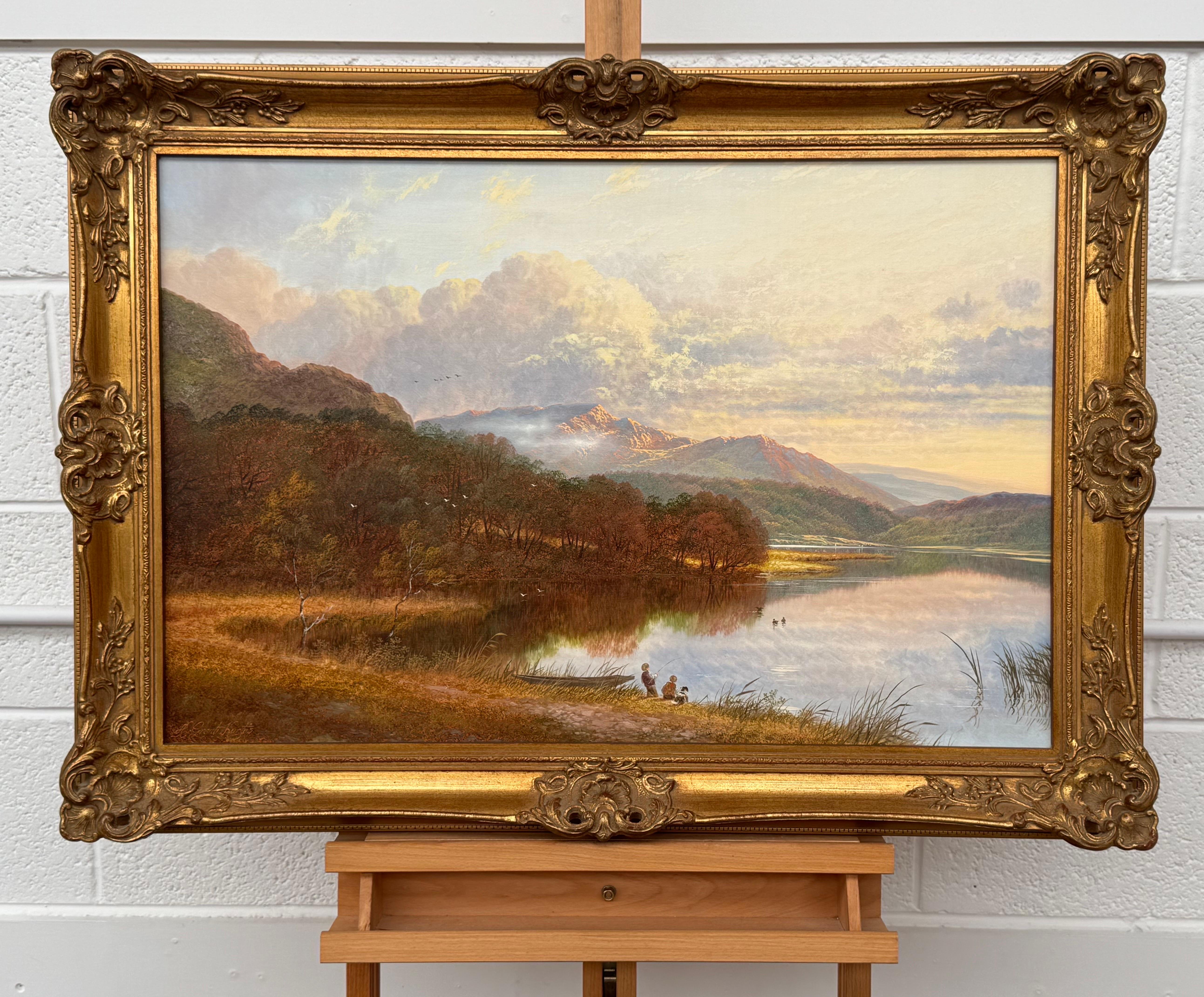 Scottish Highlands Landscape Scene with Children & Dog Fishing by Mountain Lake - Realist Painting by Andrew Grant Kurtis