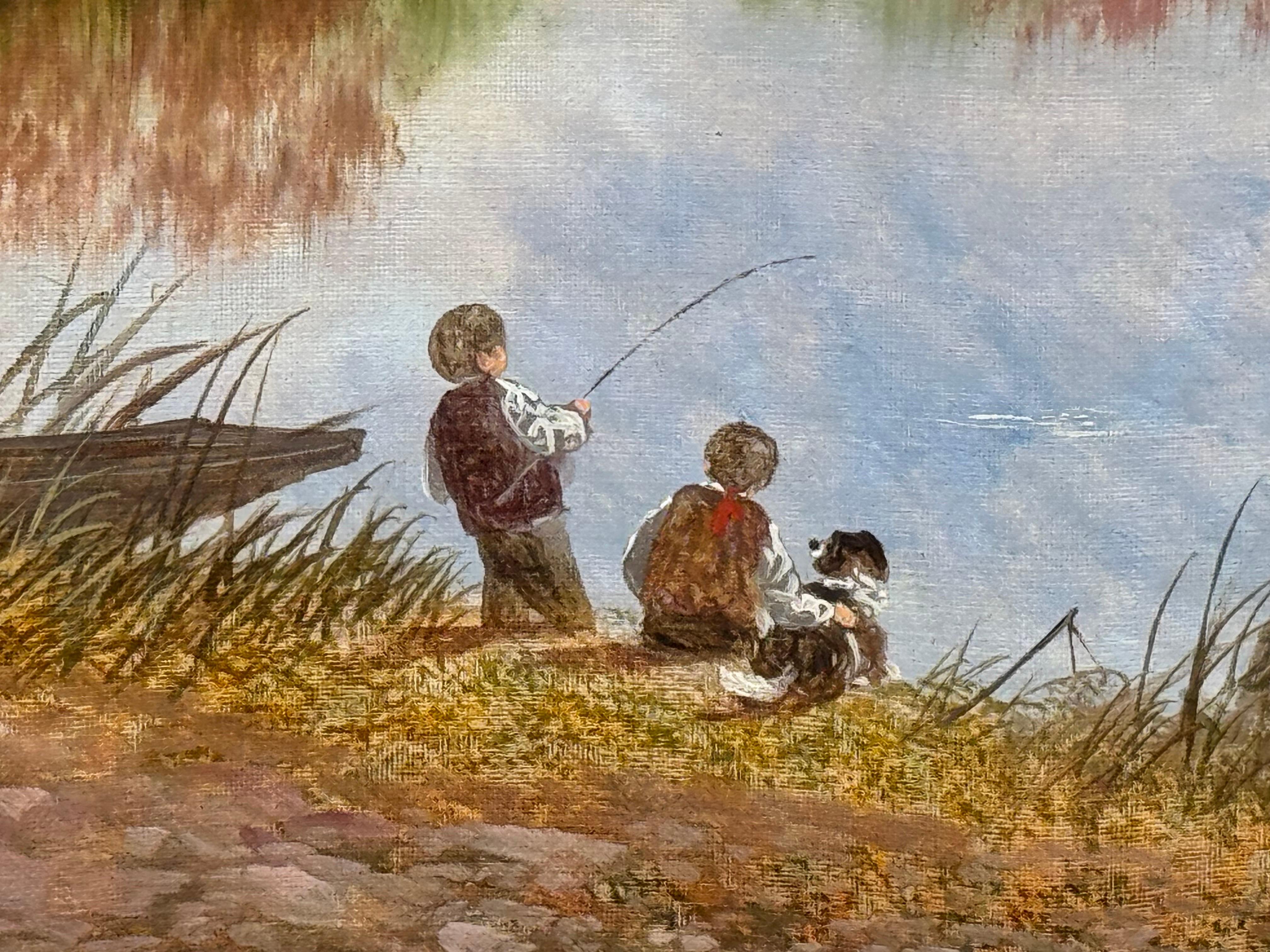 Scottish Highlands Landscape Scene with Children & Dog Fishing by a Mountain Lake by British Artist, Andrew Grant Kurtis M.A.(Lon) B.Des.(Hons) L.S.I.A.D.

Art measures 30 x 20 inches
Frame measures 35 x 25 inches

Title: Tranquil Reflections by the