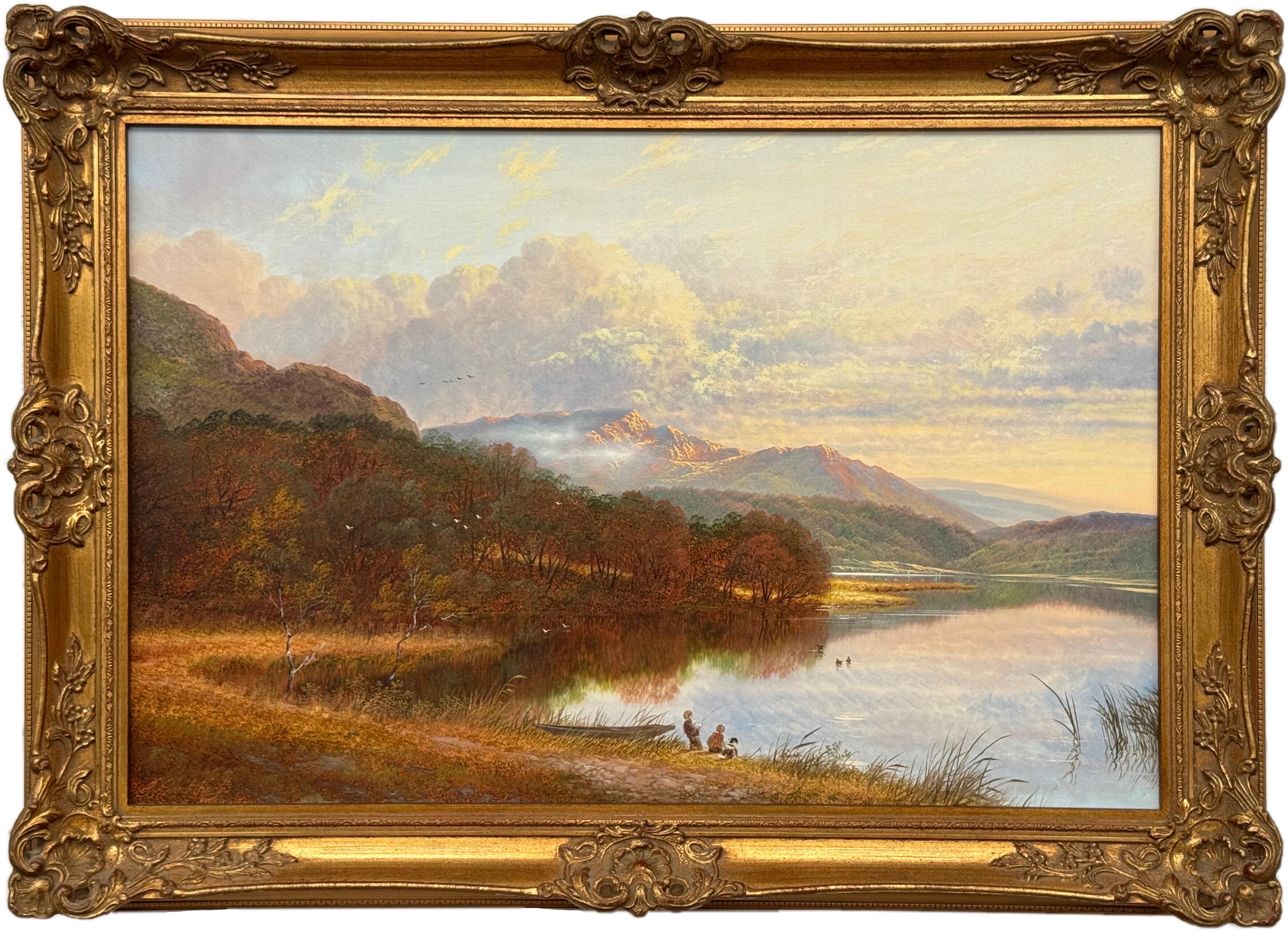 Andrew Grant Kurtis Figurative Painting - Scottish Highlands Landscape Scene with Children & Dog Fishing by Mountain Lake