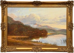 Scottish Highlands Landscape Scene with Children & Dog Fishing by Mountain Lake