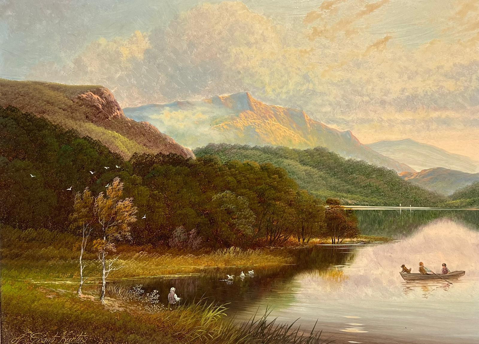 Andrew Grant Kurtis Landscape Painting - Scottish Highlands Oil Painting Figures Fishing the Loch & Signed British Oil 