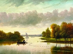 Sunset Fishing Landscape Laying Nets Large Traditional English Oil Painting