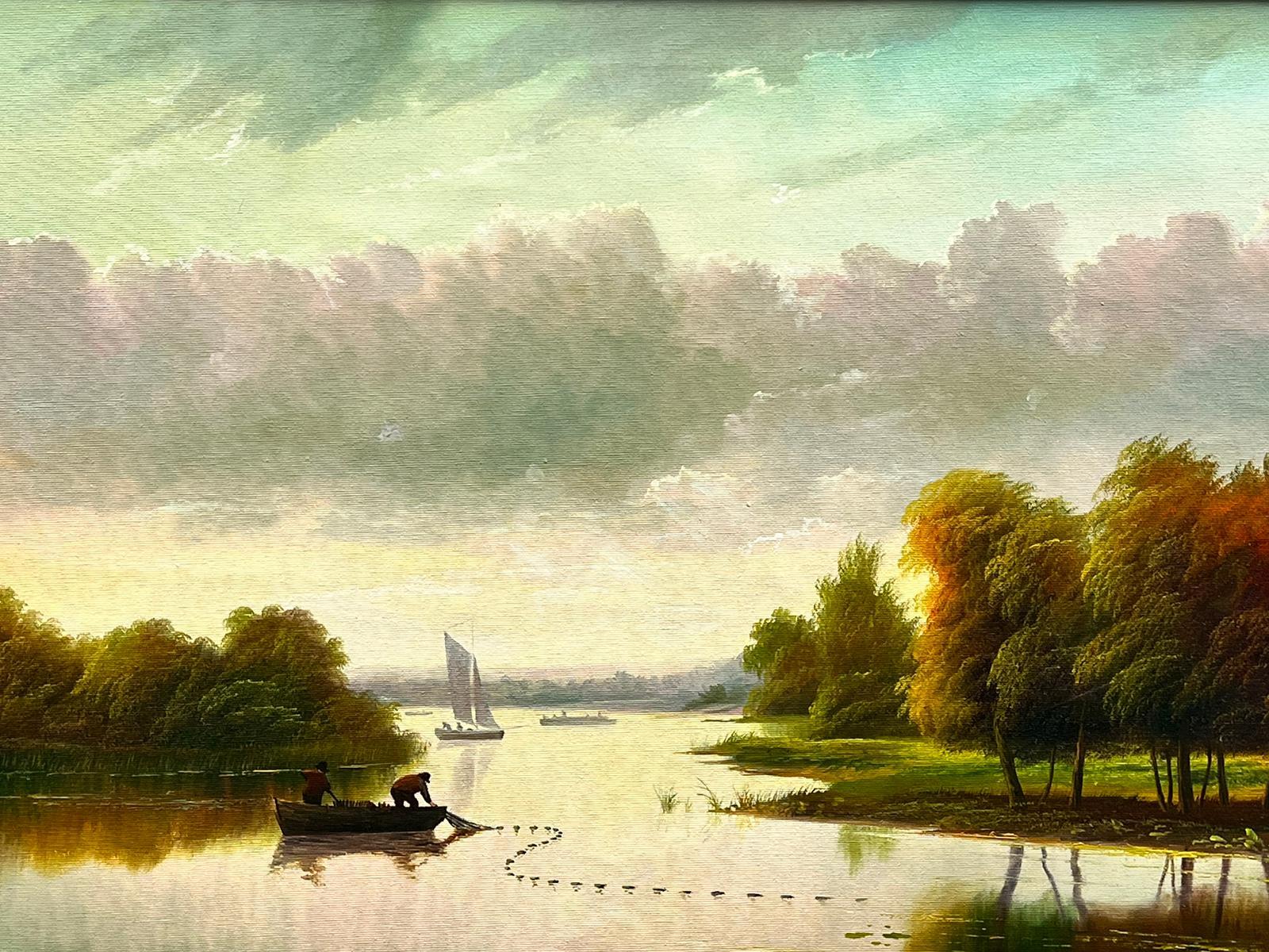 Sunset Fishing Landscape Laying Nets Large Traditional English Oil Painting  For Sale 1