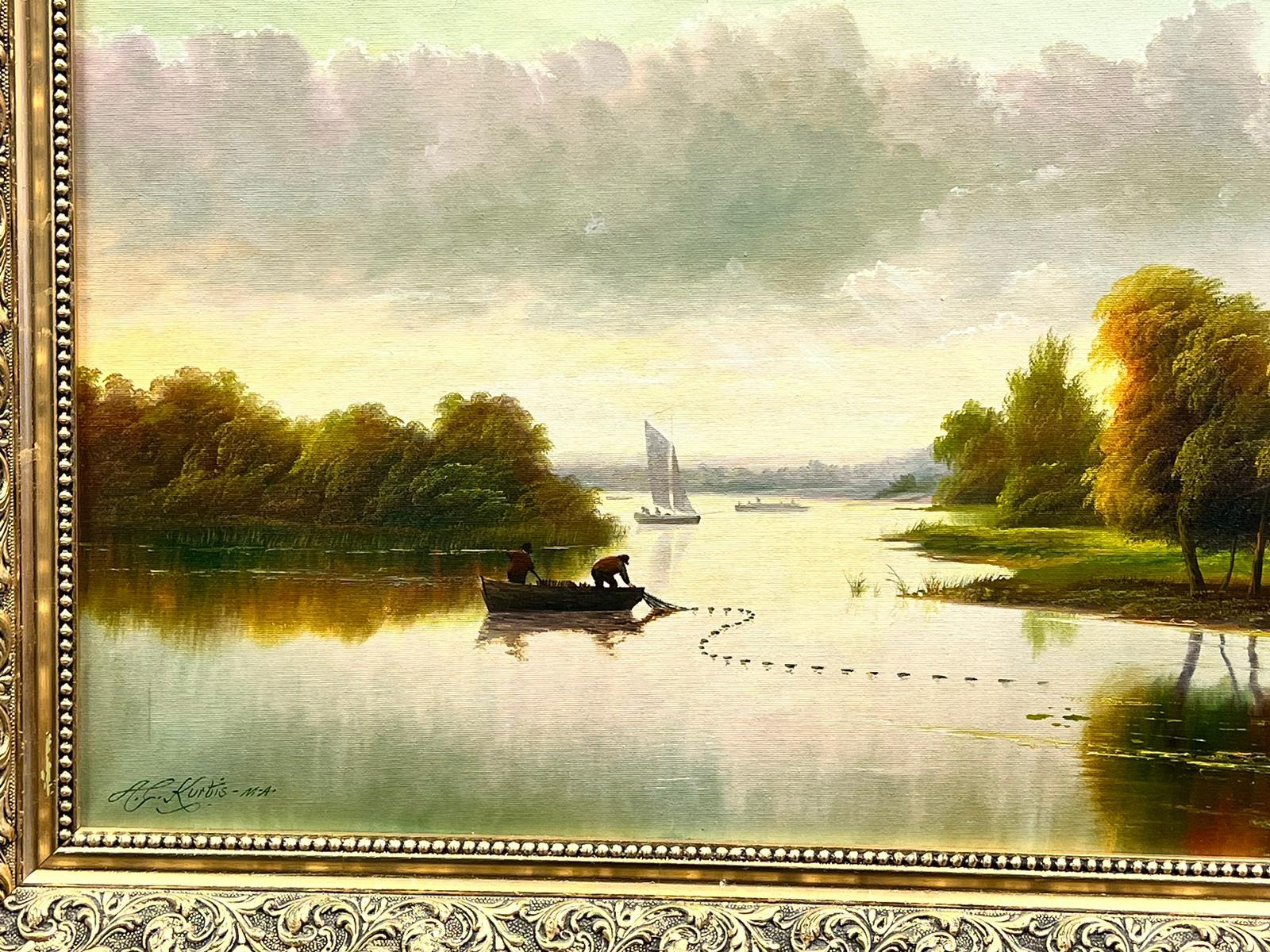 Sunset Fishing Landscape Laying Nets Large Traditional English Oil Painting  For Sale 2