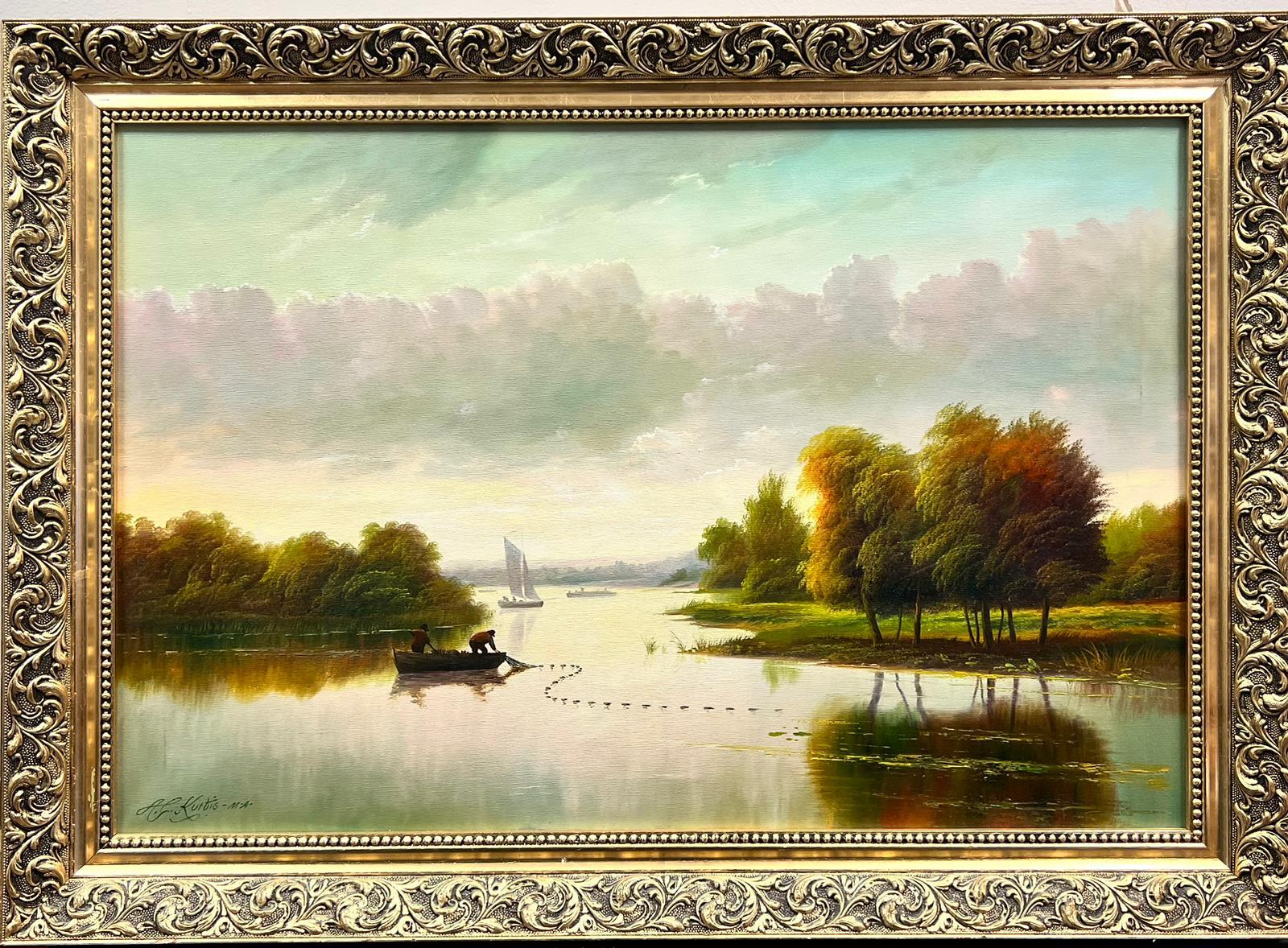 Sunset Fishing Landscape Laying Nets Large Traditional English Oil Painting 
