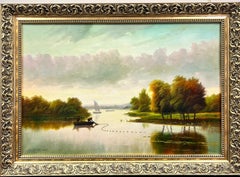 Paisaje de pesca al atardecer tendiendo redes Pintura al óleo inglesa tradicional grande