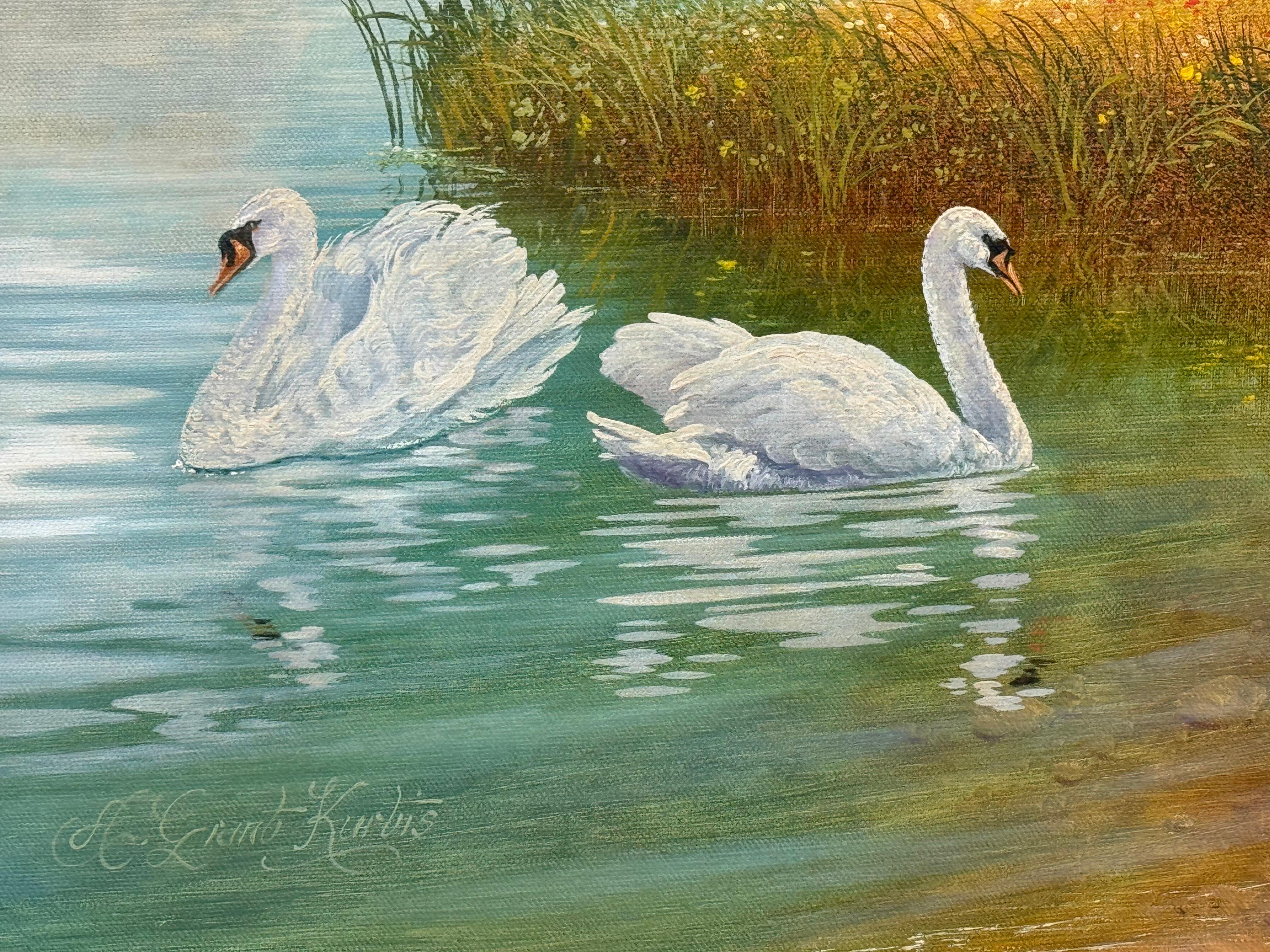 Swans on a River with Wild Flowers in the English Countryside by British Artist For Sale 5