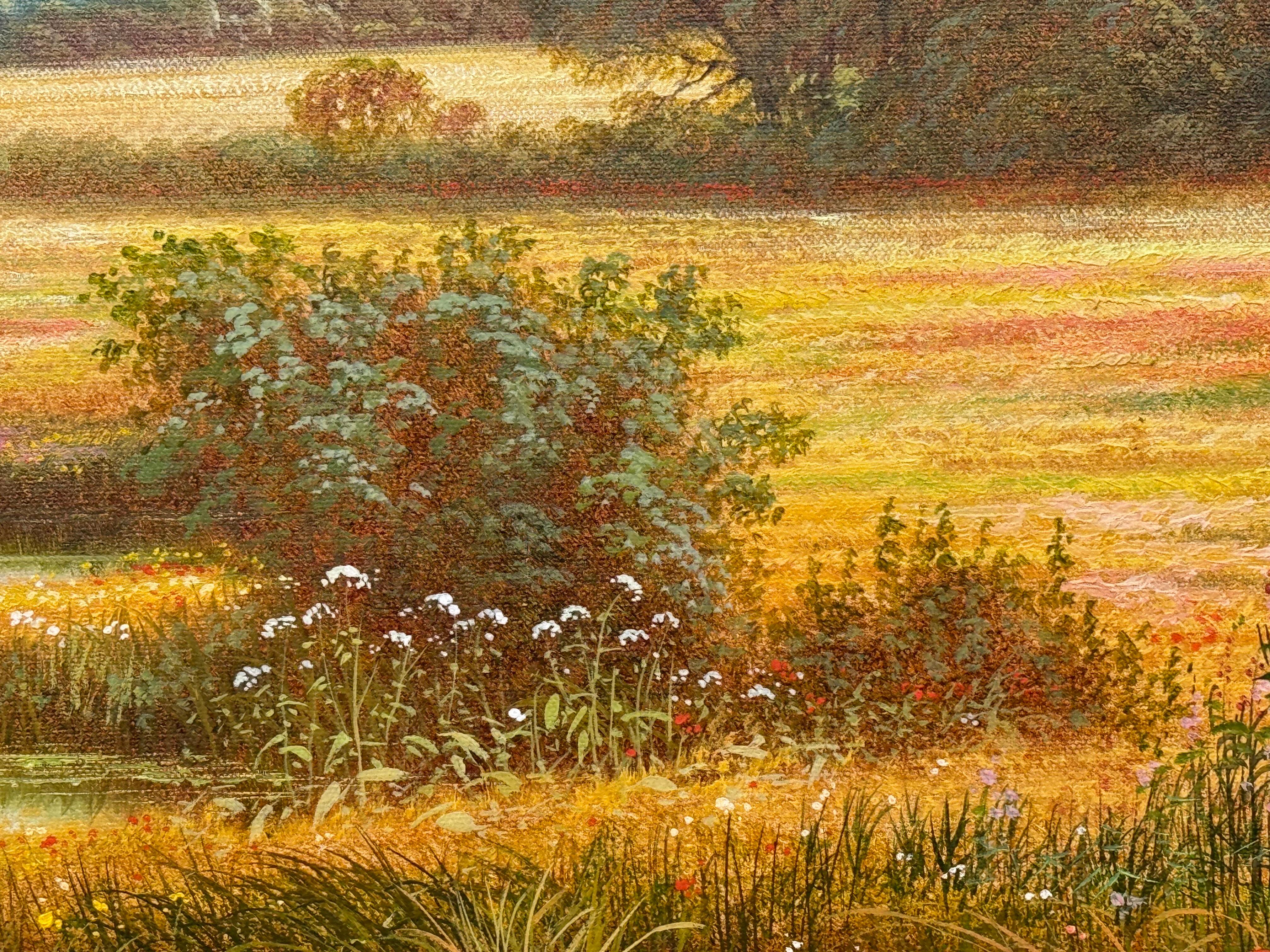 Swans on a River with Wild Flowers in the English Countryside by British Artist For Sale 7