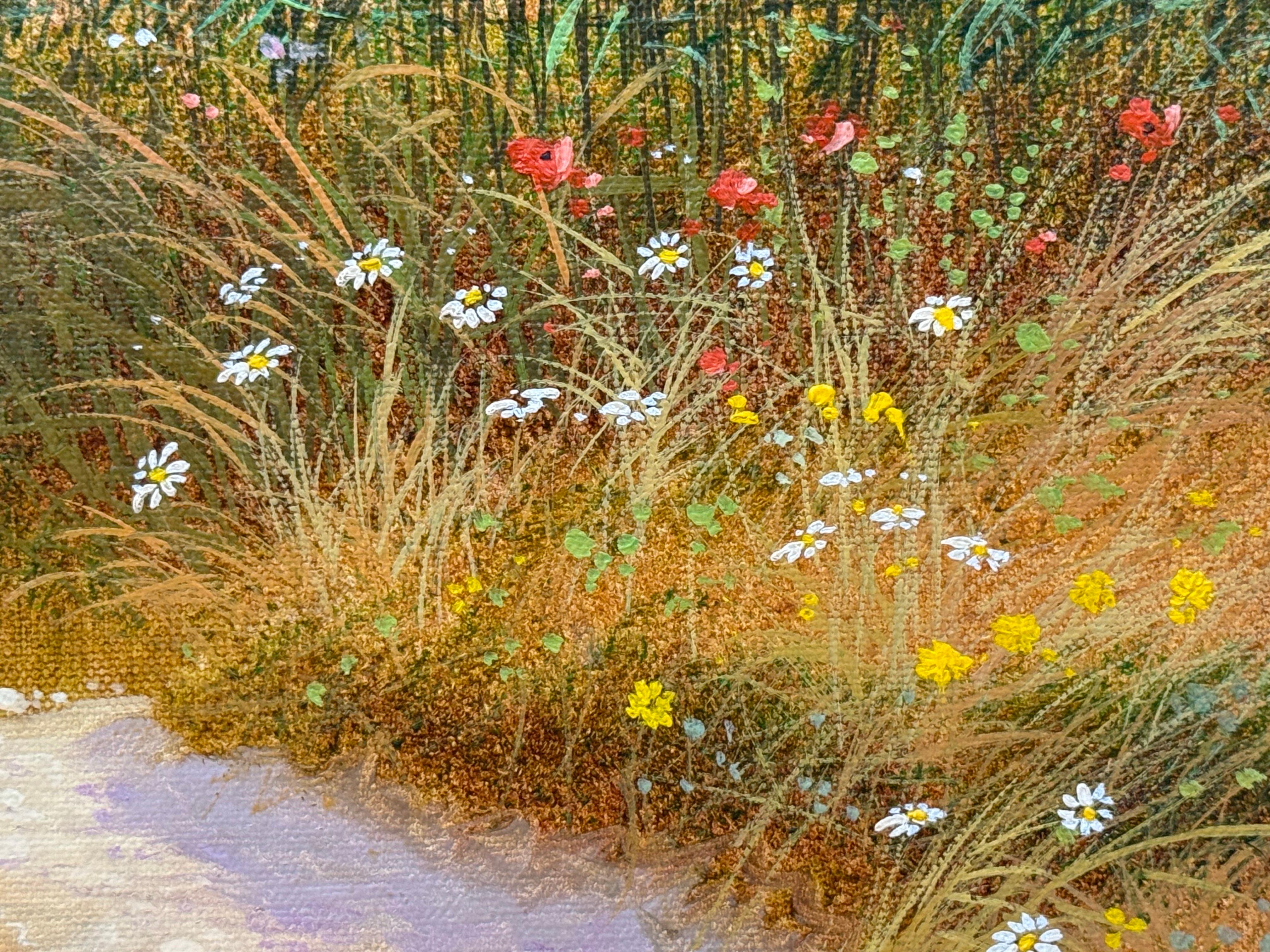 Swans on a River with Wild Flowers in the English Countryside by British Artist For Sale 14